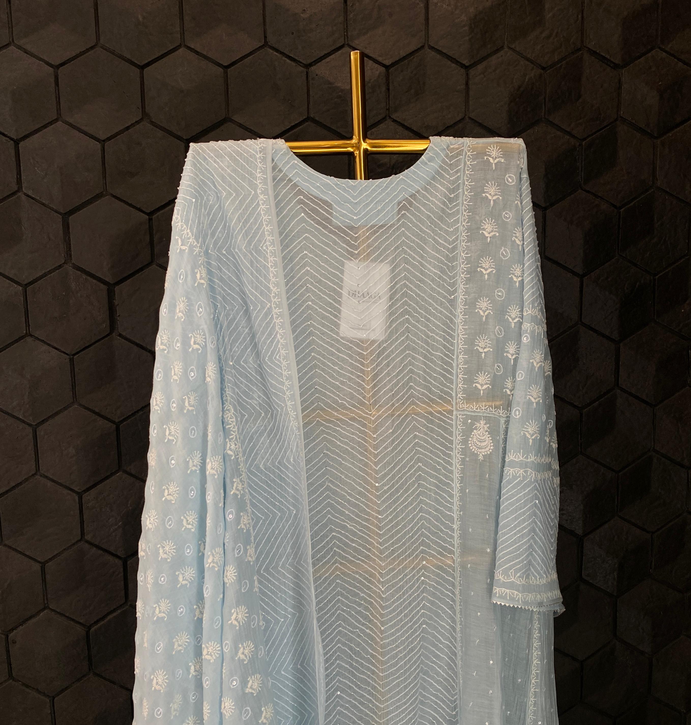 Sky blue mul chanderi chikankari Anarkali set