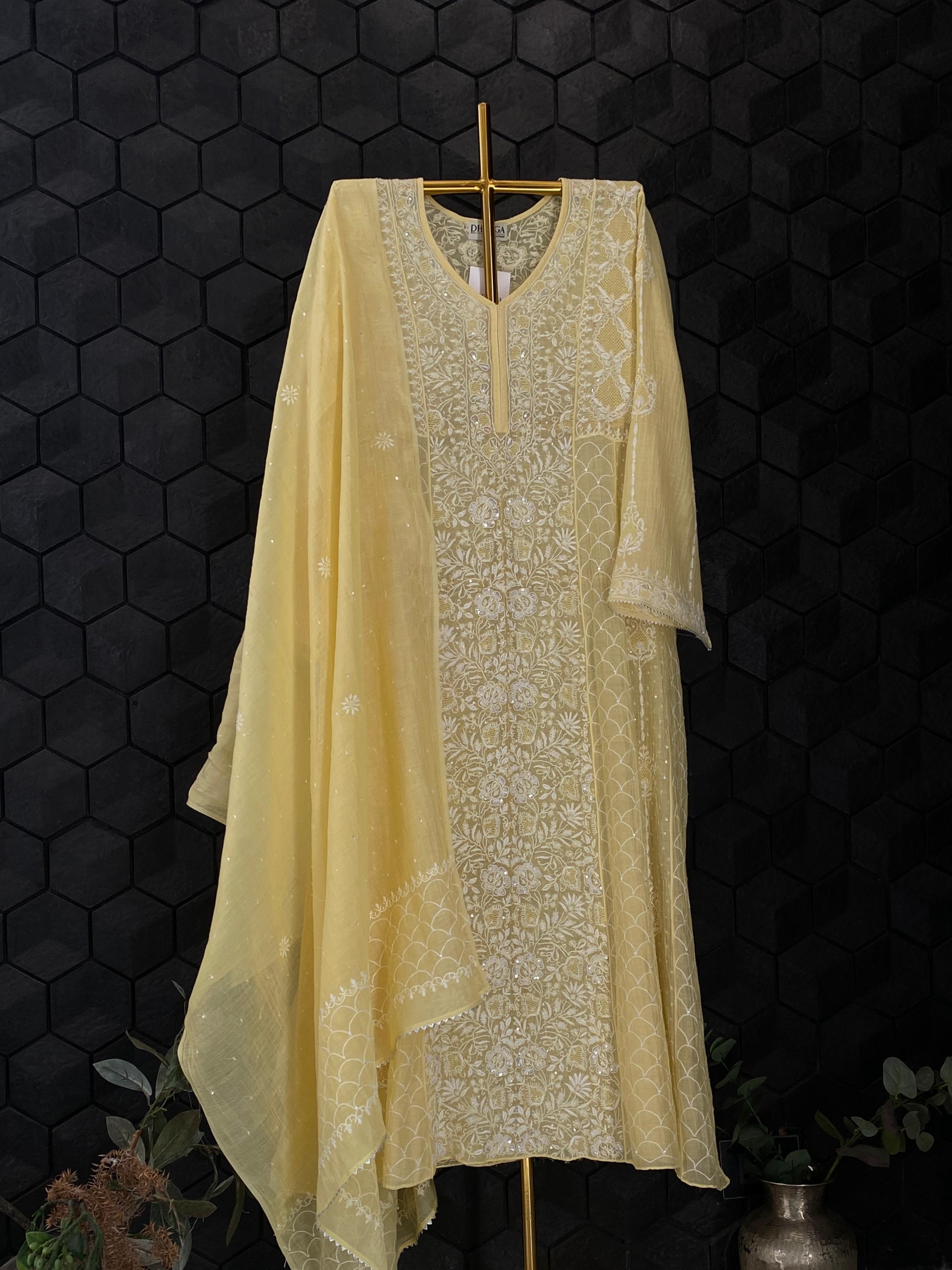 Yellow mul chanderi chikankari anarkali set