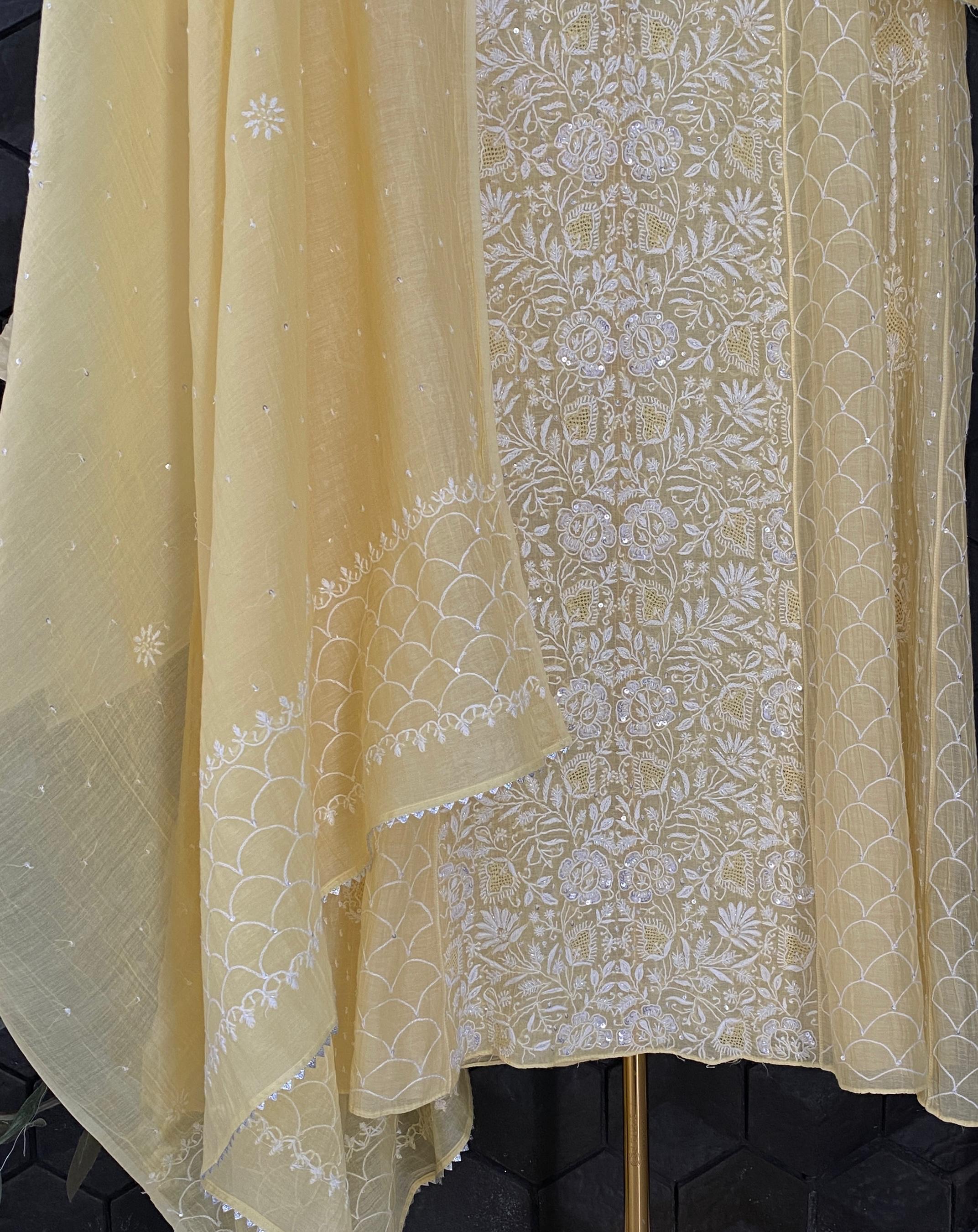 Yellow mul chanderi chikankari anarkali set