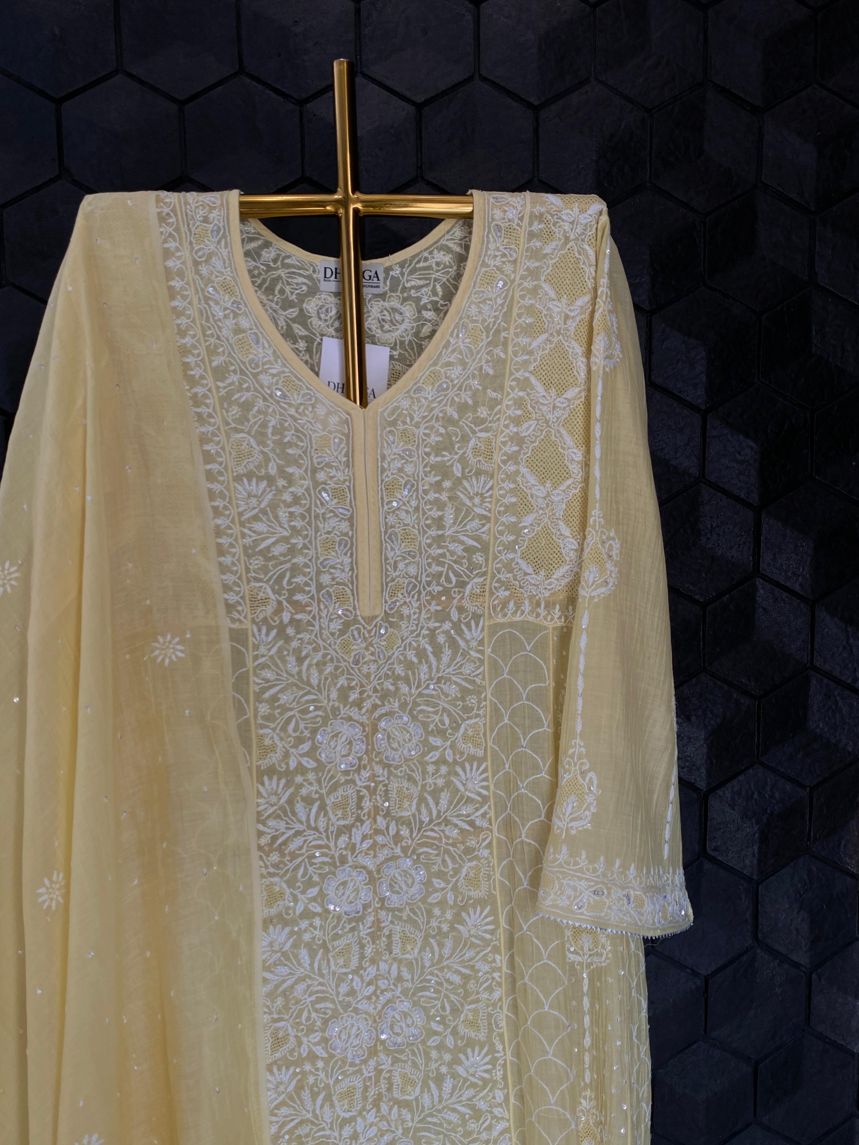 Yellow mul chanderi chikankari anarkali set