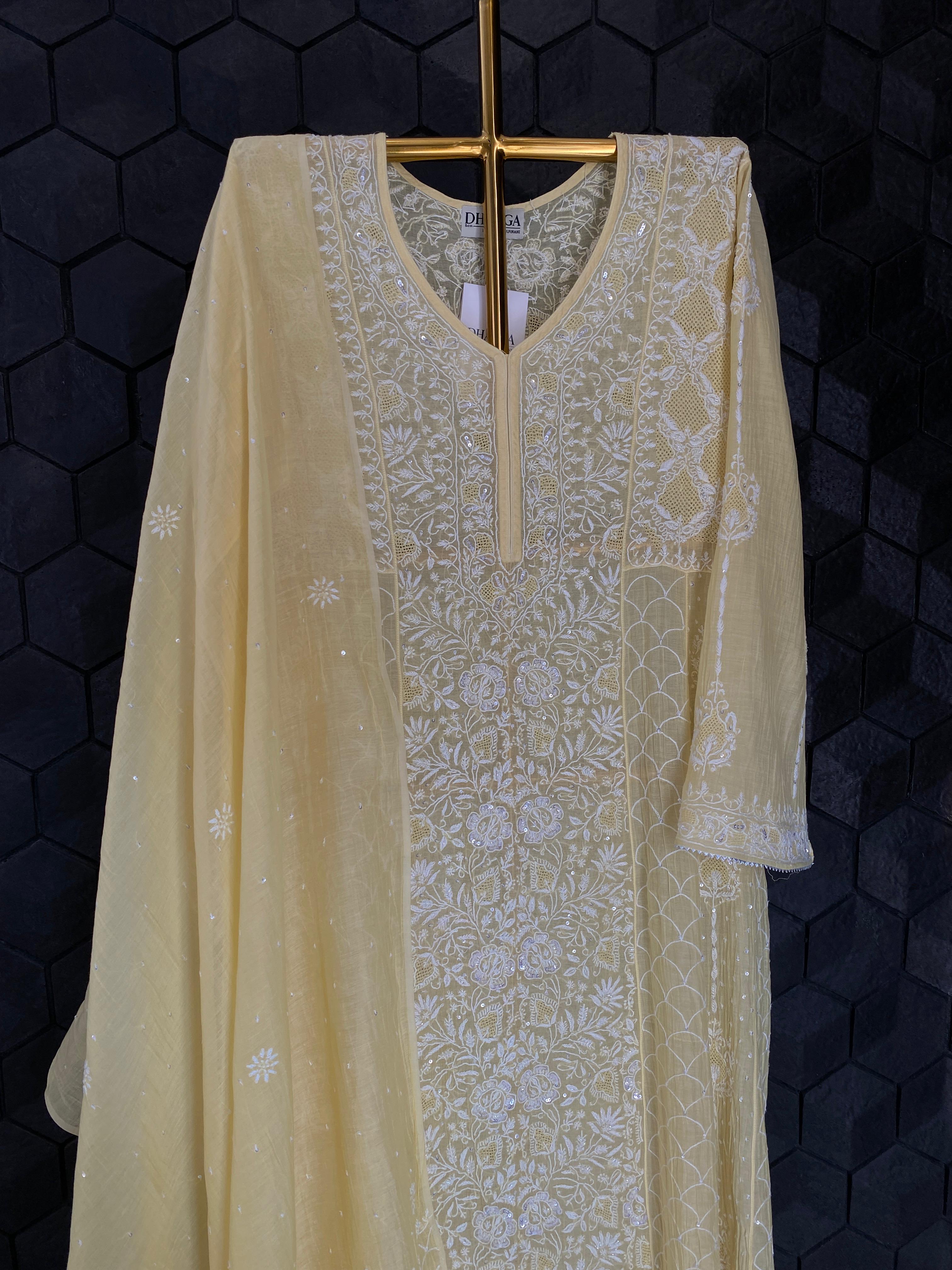Yellow mul chanderi chikankari anarkali set