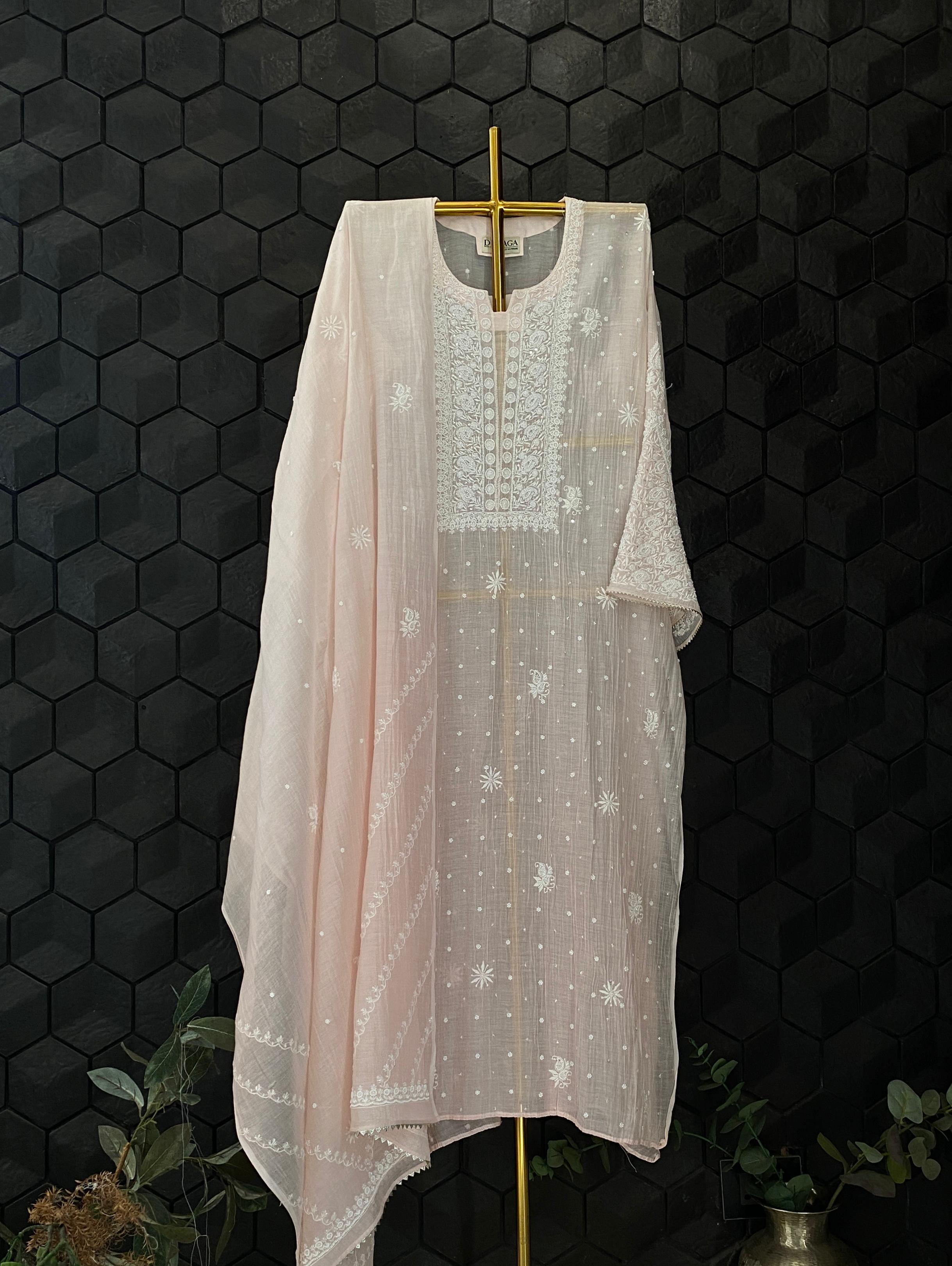 Pink mul chanderi chikankari kurta set