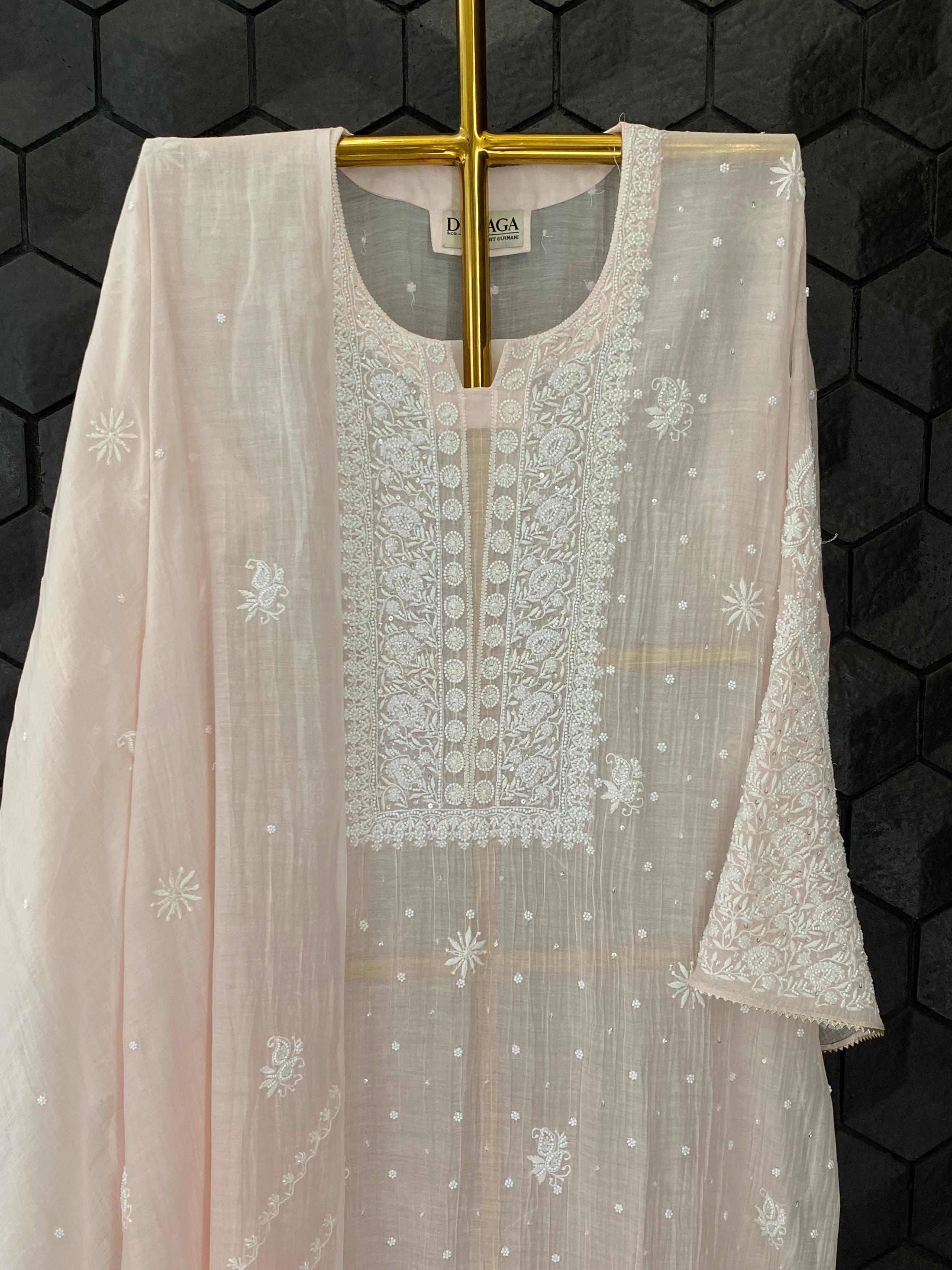 Pink mul chanderi chikankari kurta set