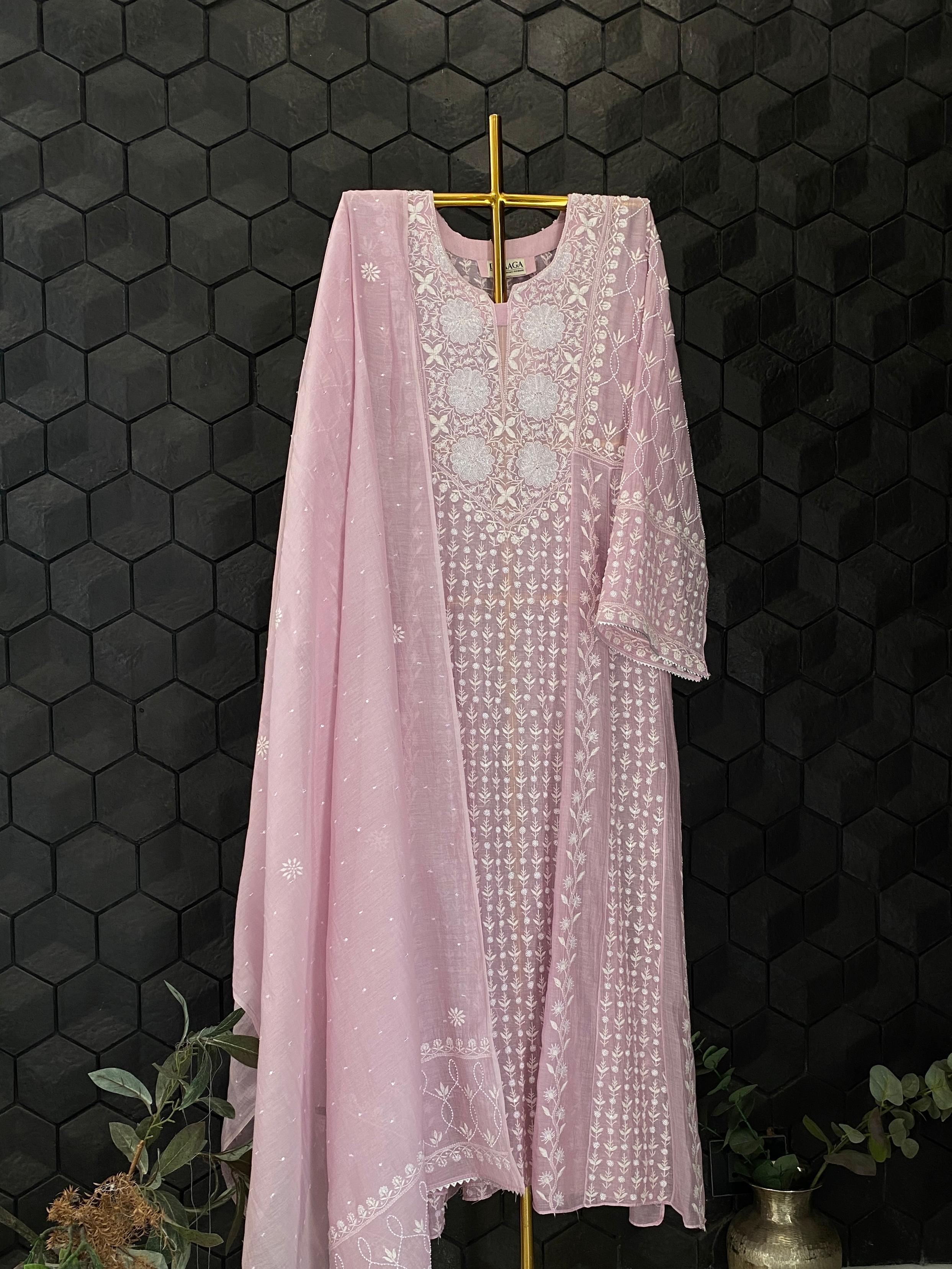 Purple mul chanderi chikankari anarkali set
