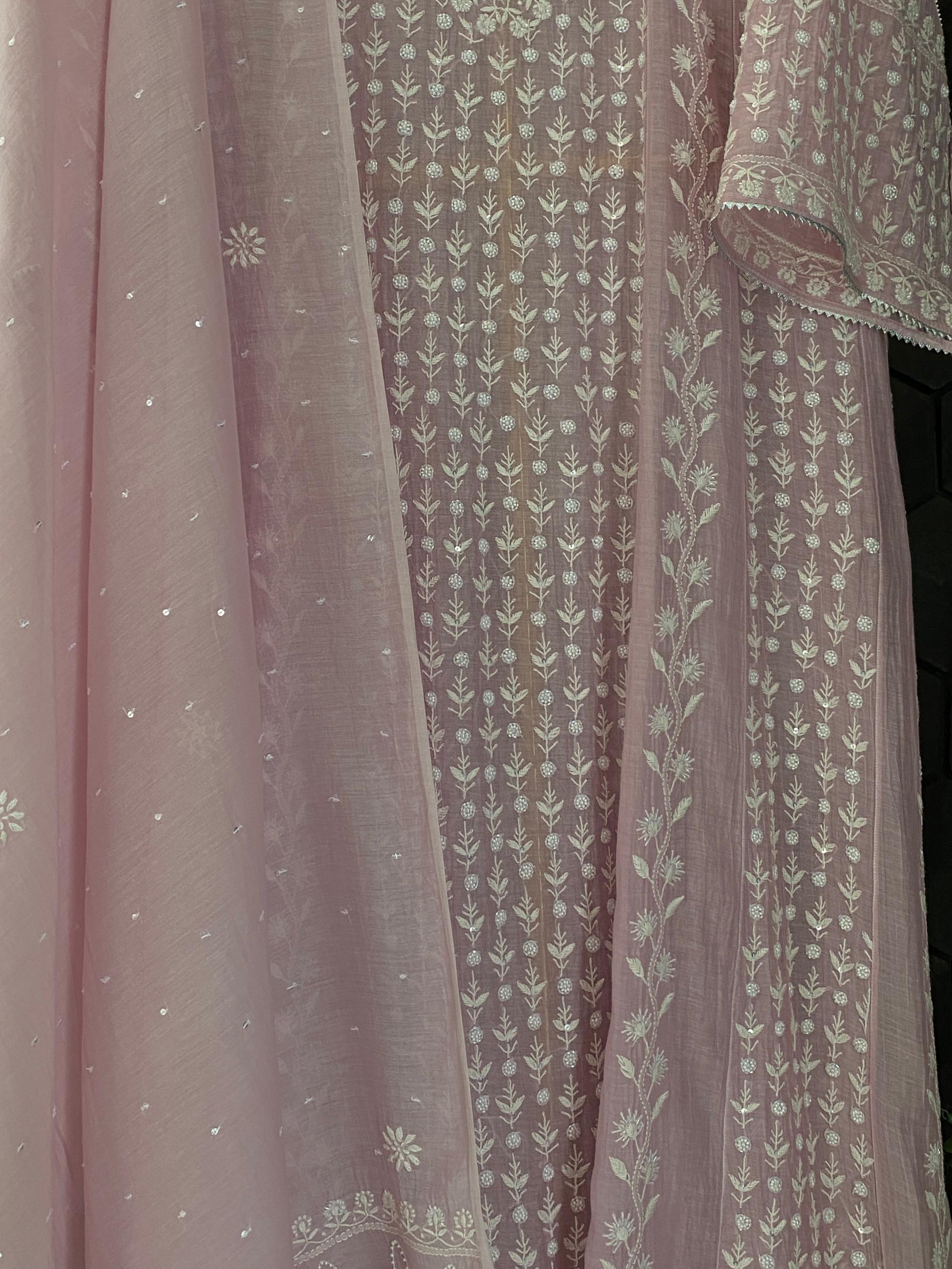 Purple mul chanderi chikankari anarkali set