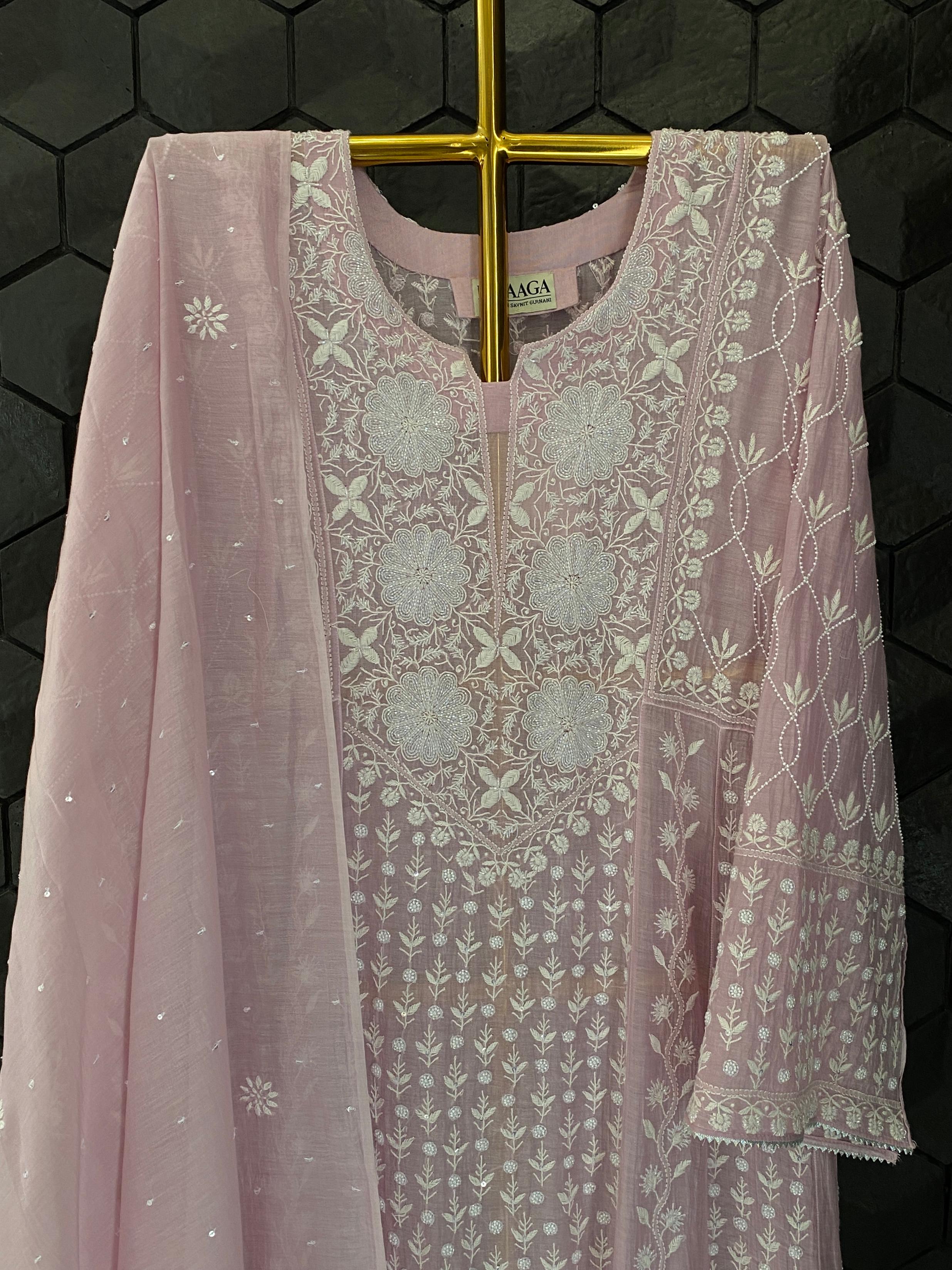 Purple mul chanderi chikankari anarkali set