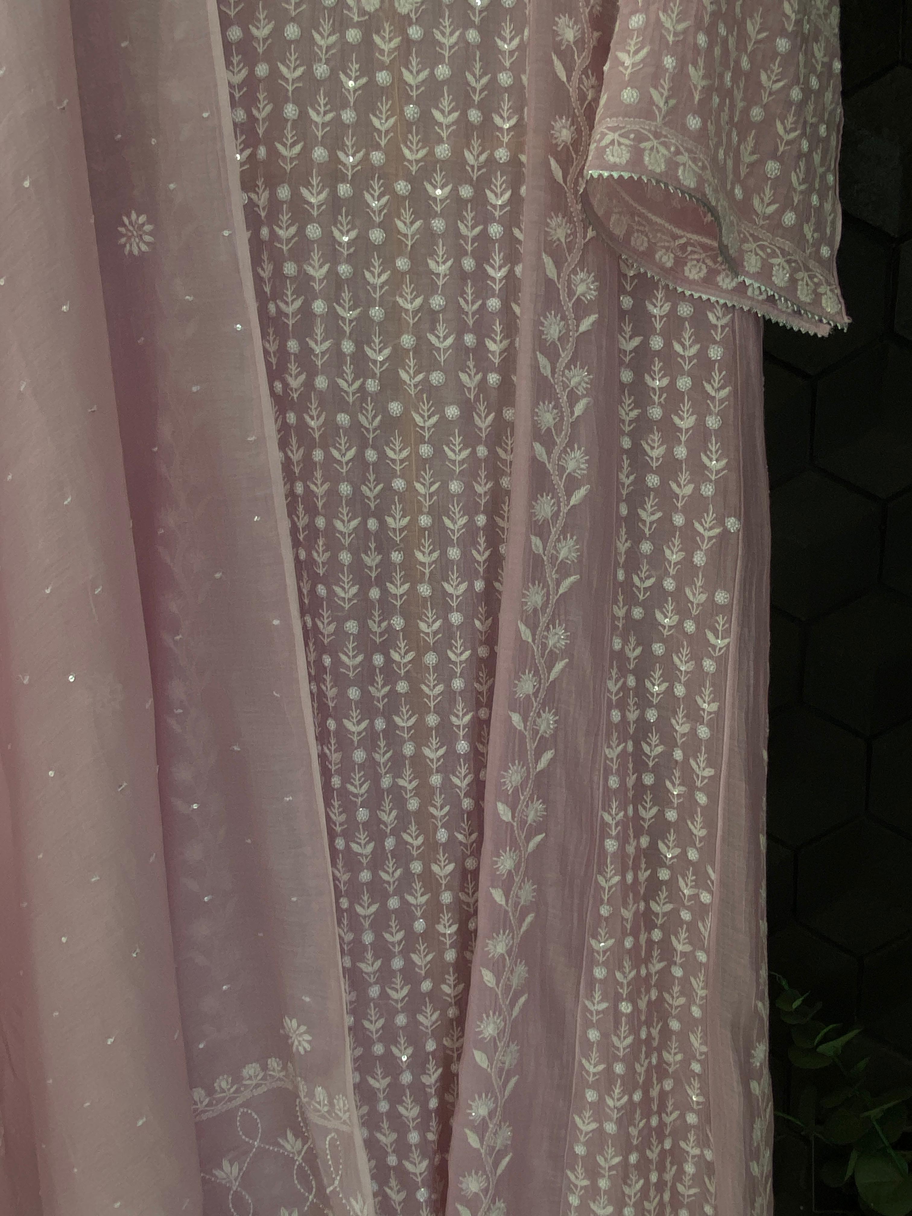 Purple mul chanderi chikankari anarkali set