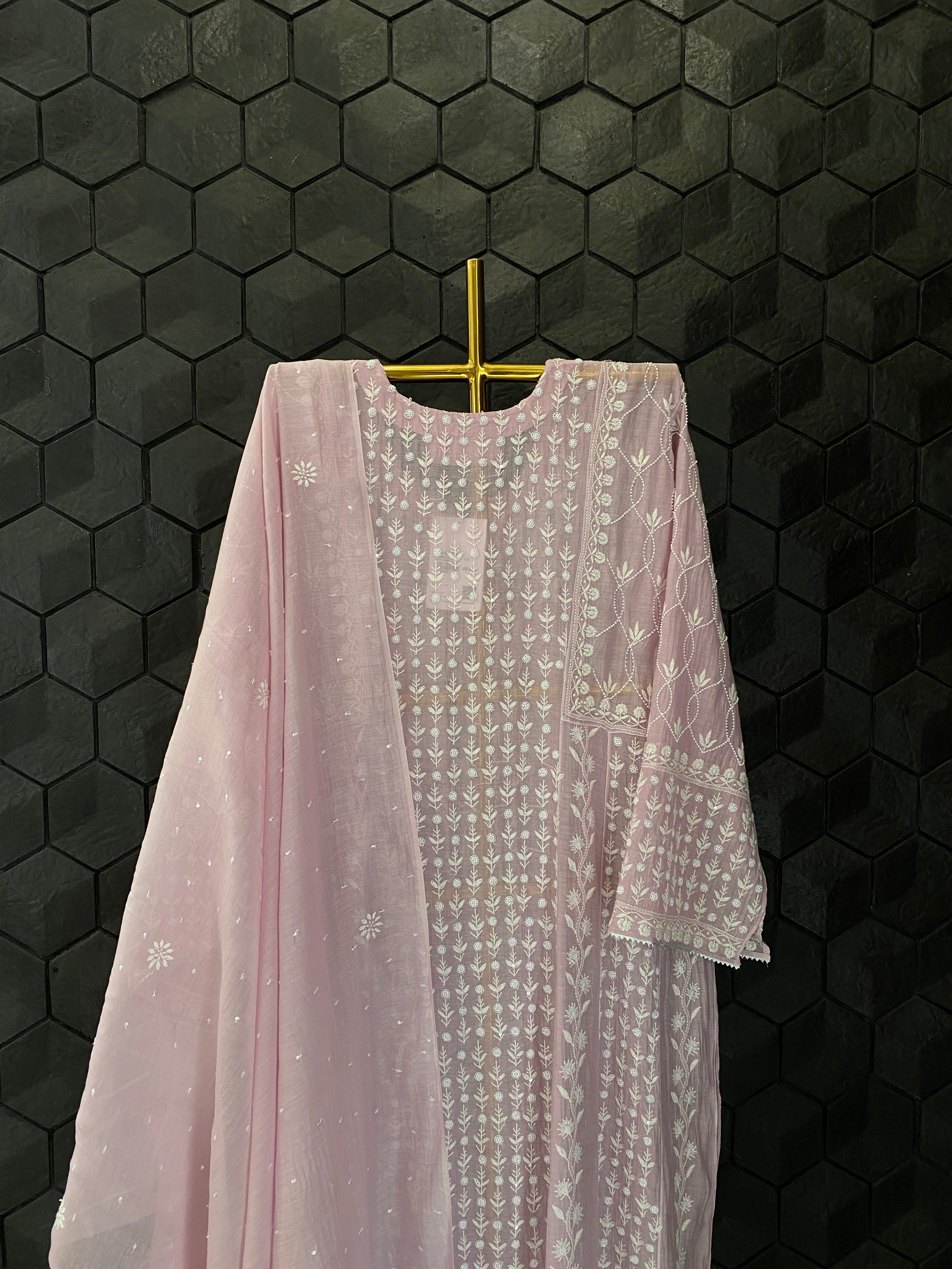 Purple mul chanderi chikankari anarkali set