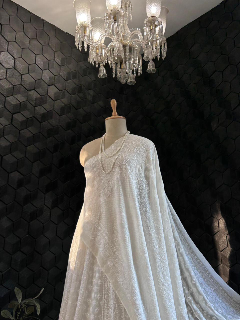 Classic White Chiffon Ek-taar chikankari lehenga set