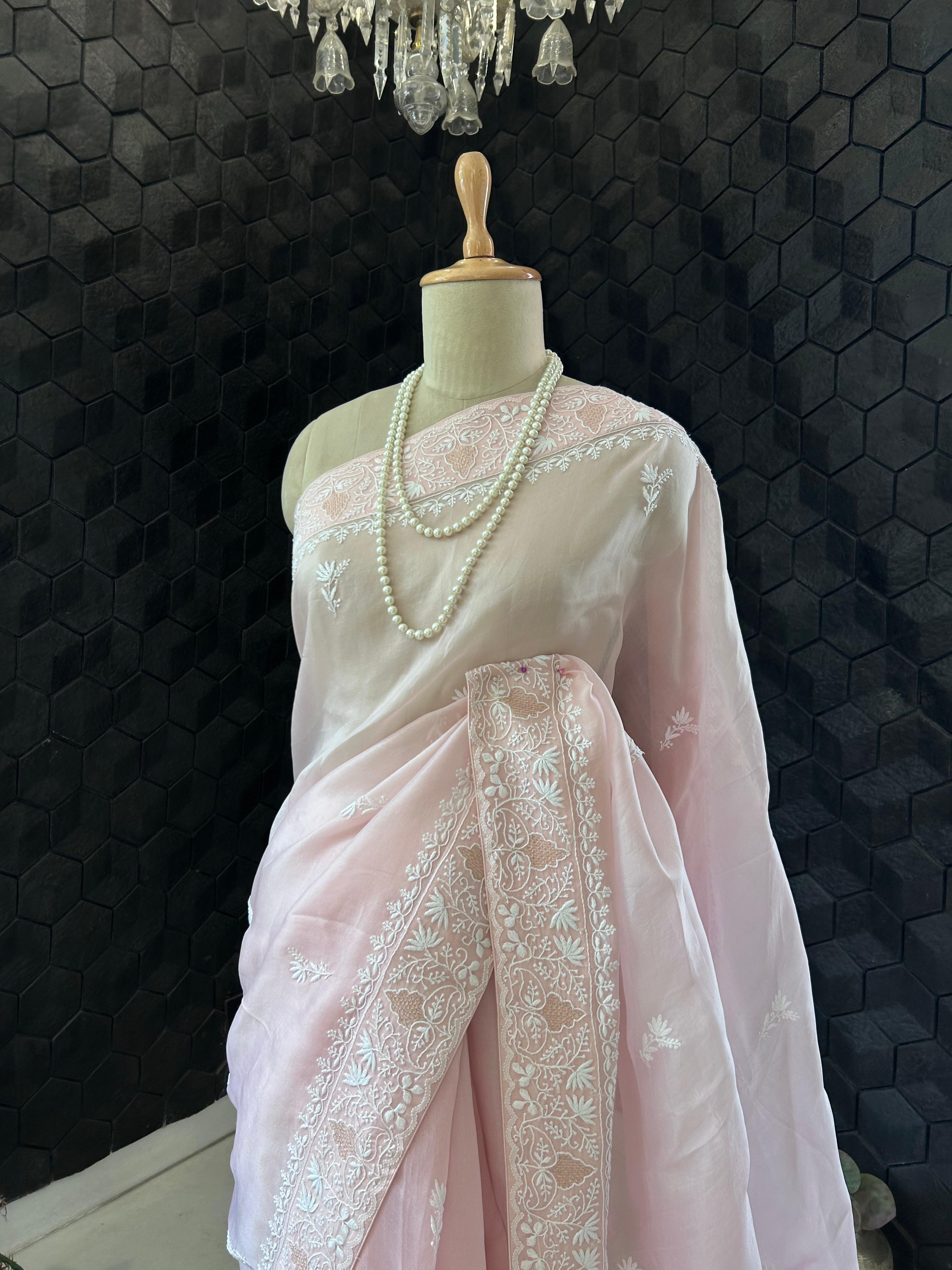 Pink organza chikankari saree
