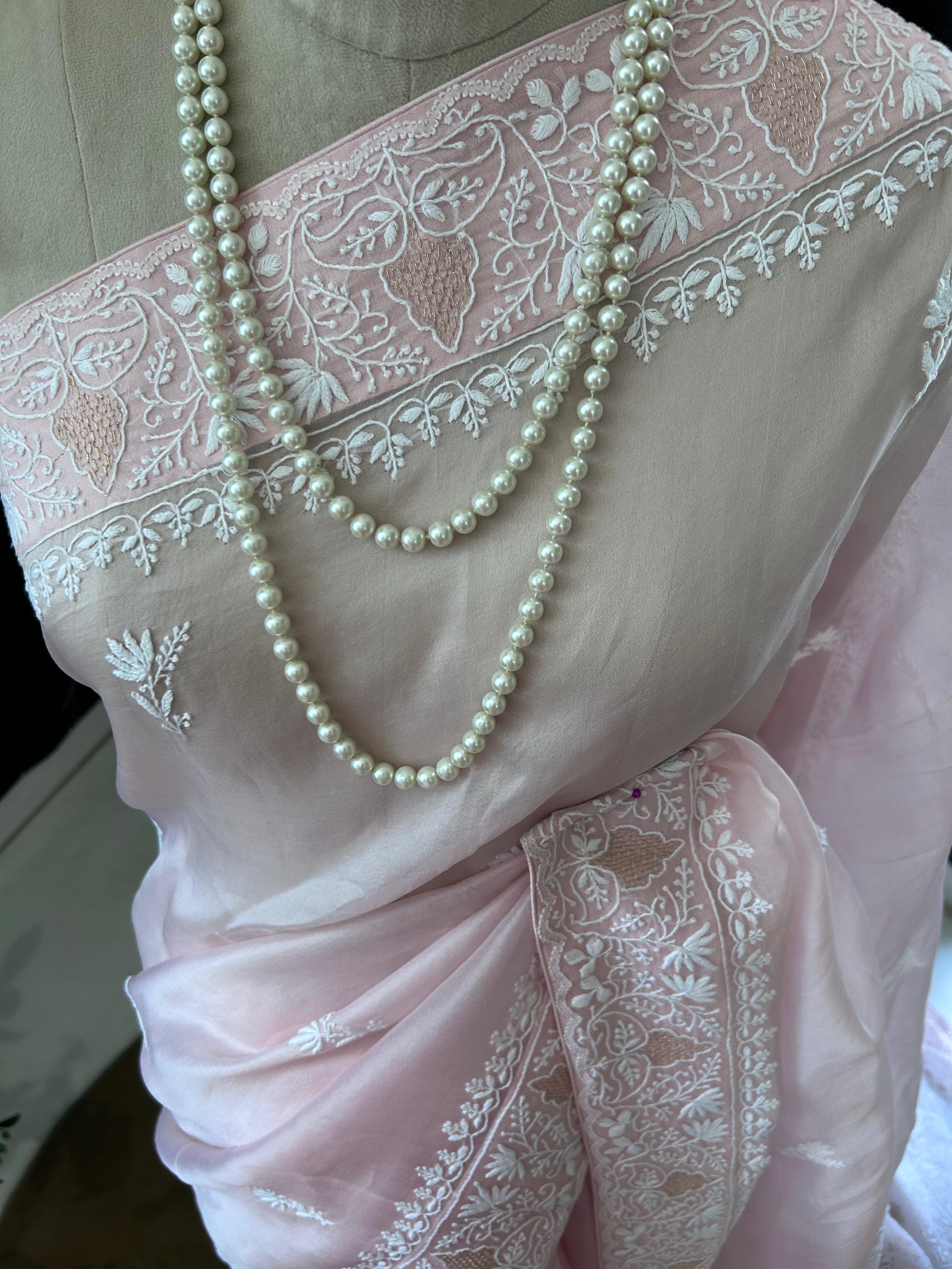 Pink organza chikankari saree