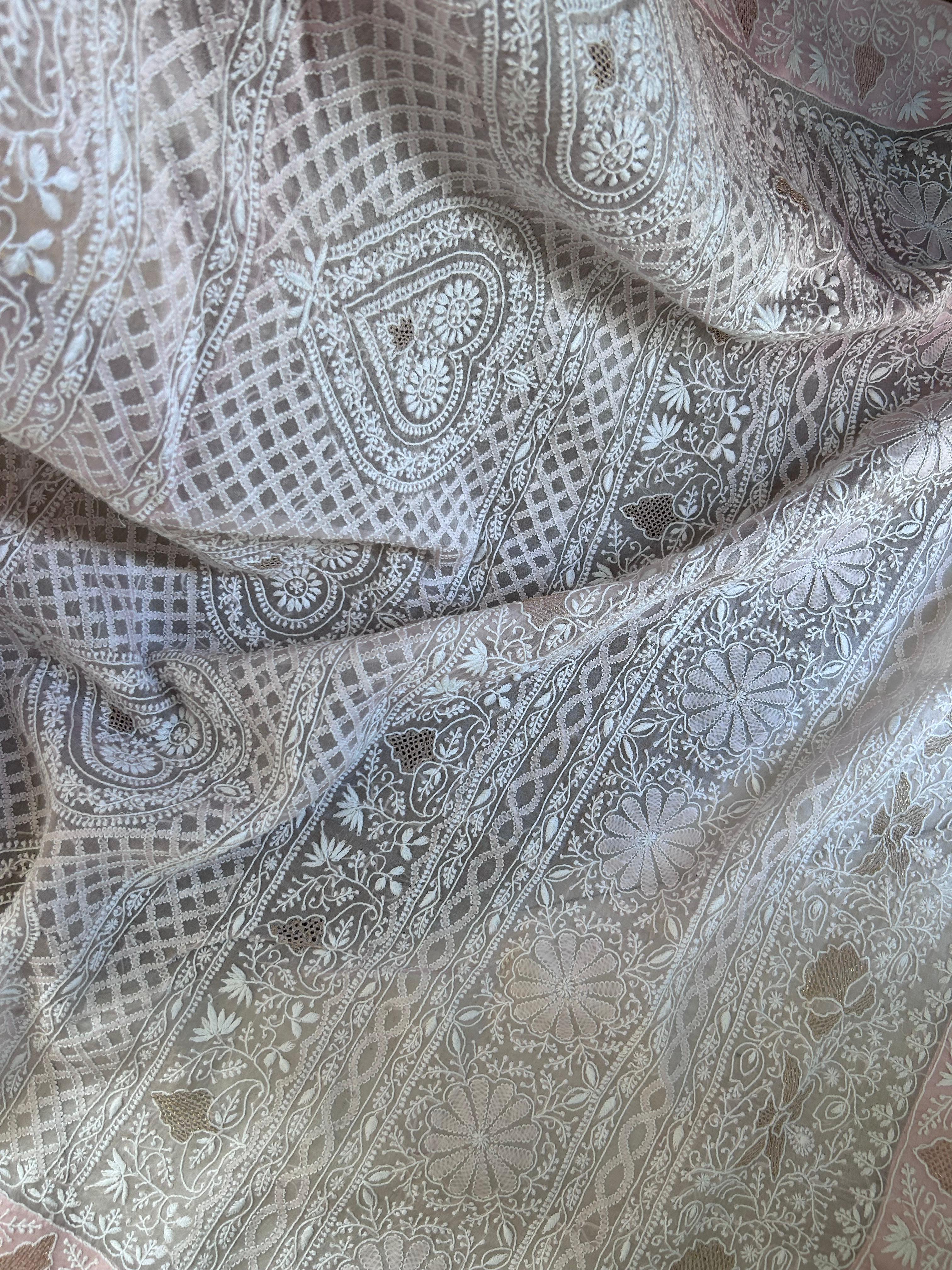 Pink organza chikankari saree