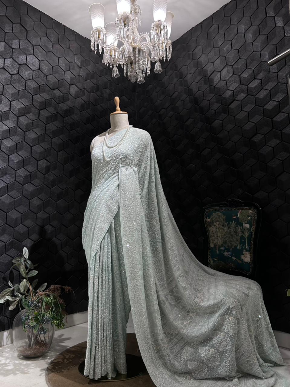 Aqua Blue Georgette Ek-Taar chikankari Saree