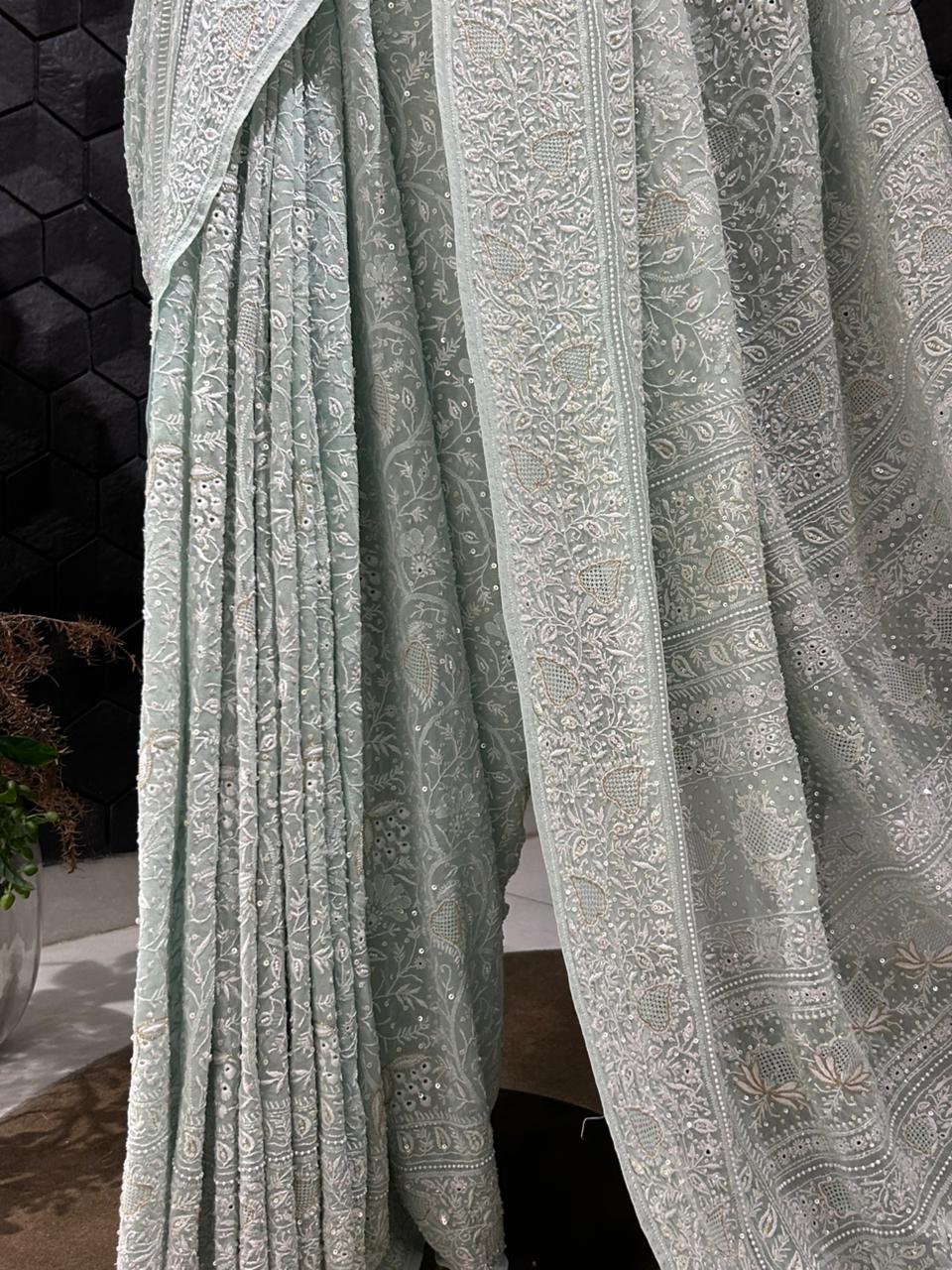 Aqua Blue Georgette Ek-Taar chikankari Saree