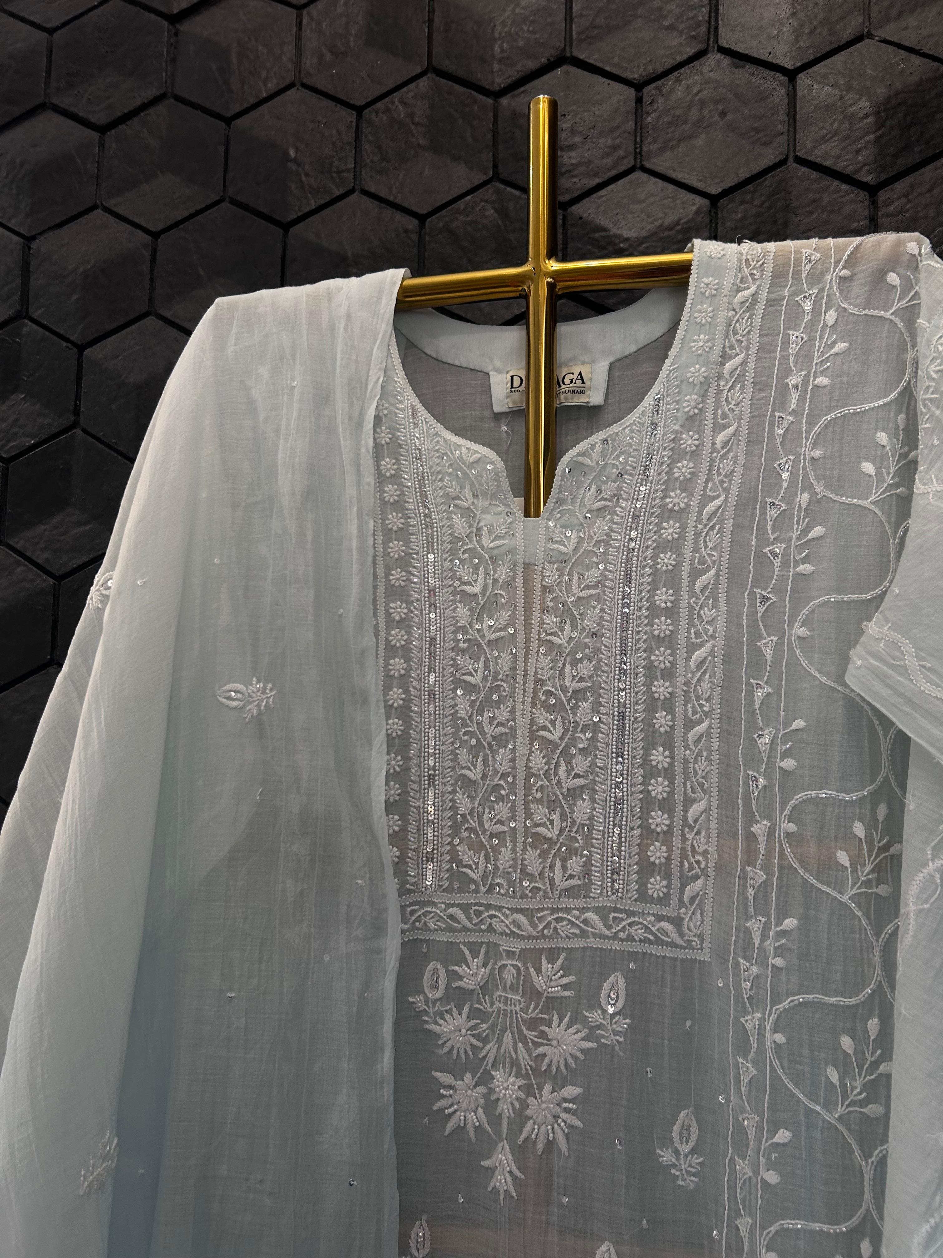 Sky Blue Mull Chanderi chikankari kurta set