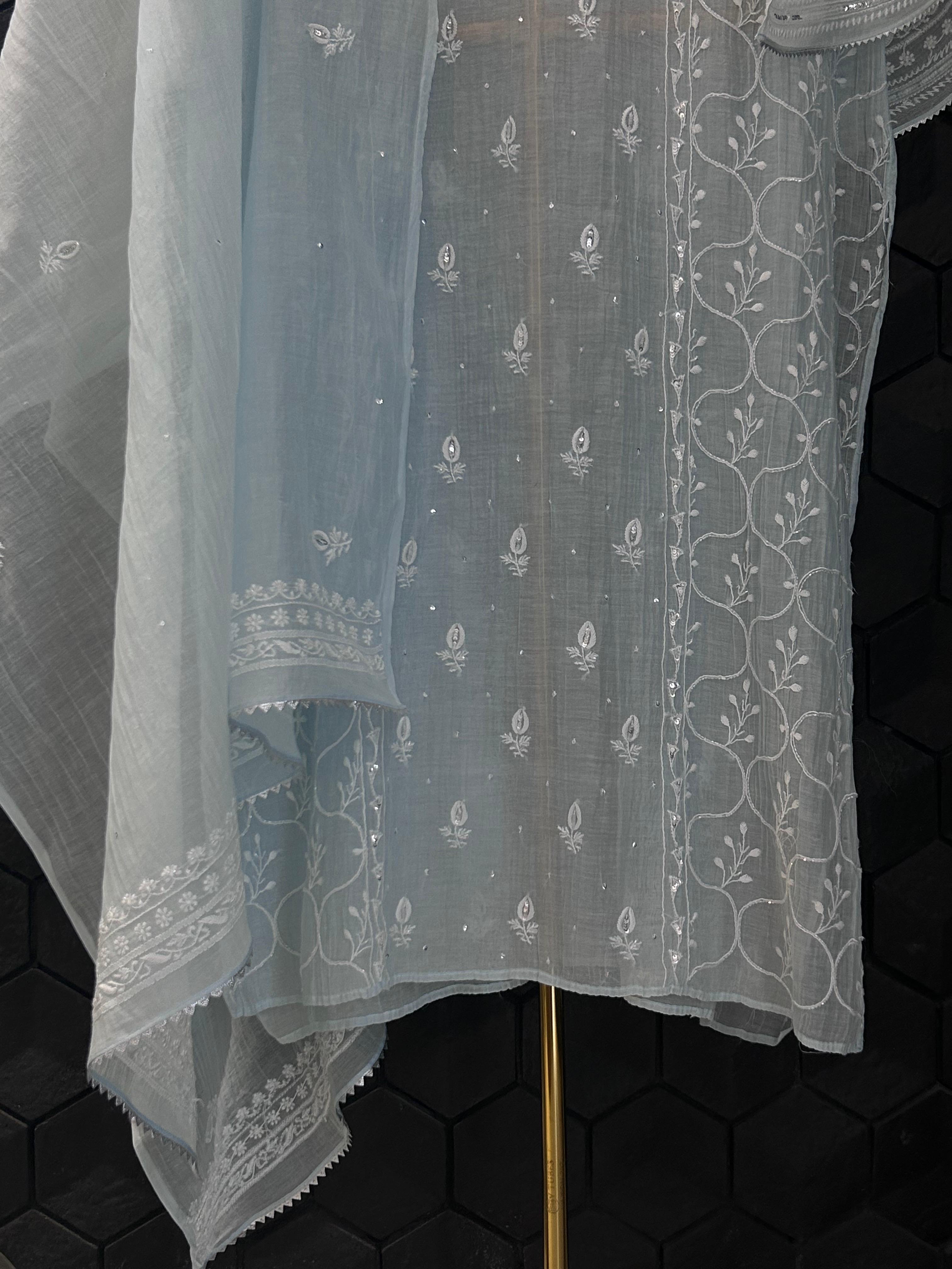 Sky Blue Mull Chanderi chikankari kurta set