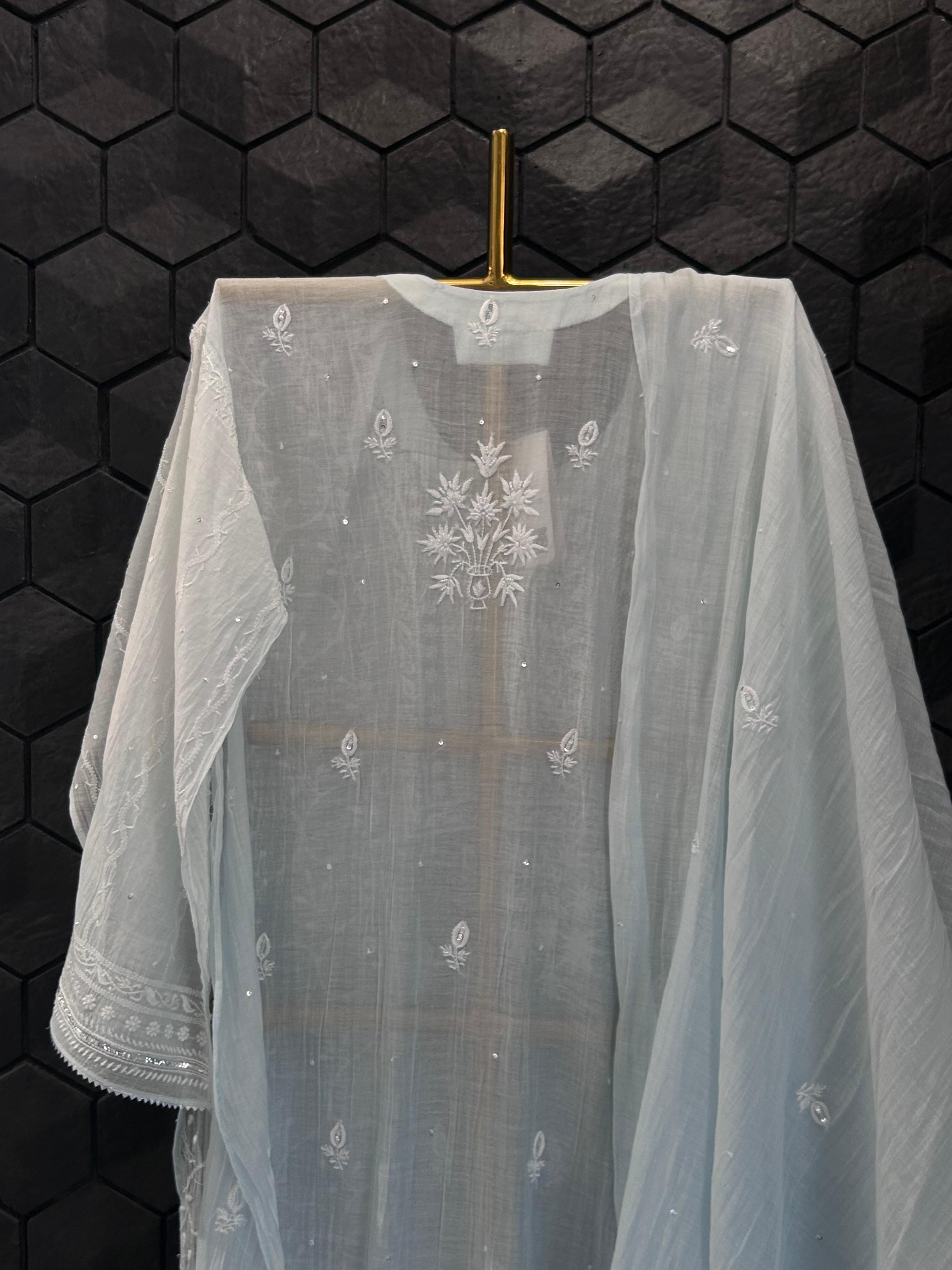 Sky Blue Mull Chanderi chikankari kurta set