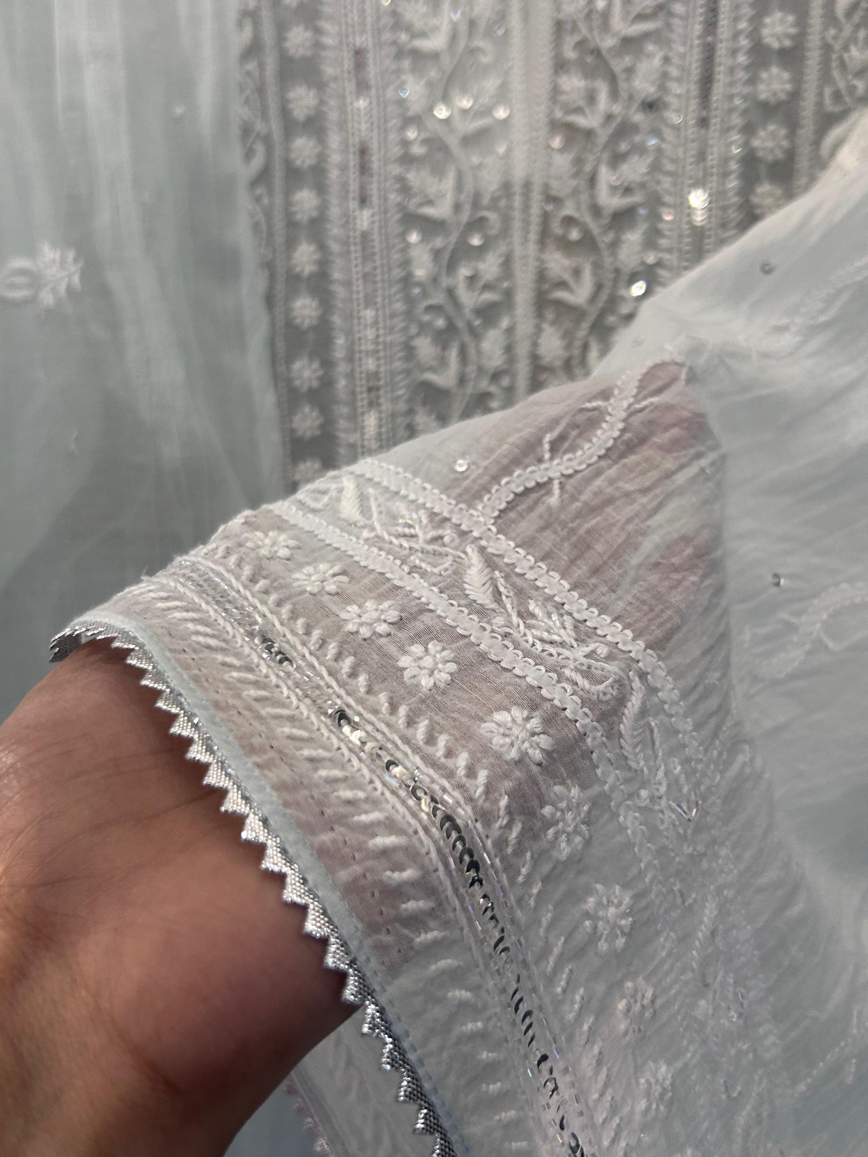 Sky Blue Mull Chanderi chikankari kurta set