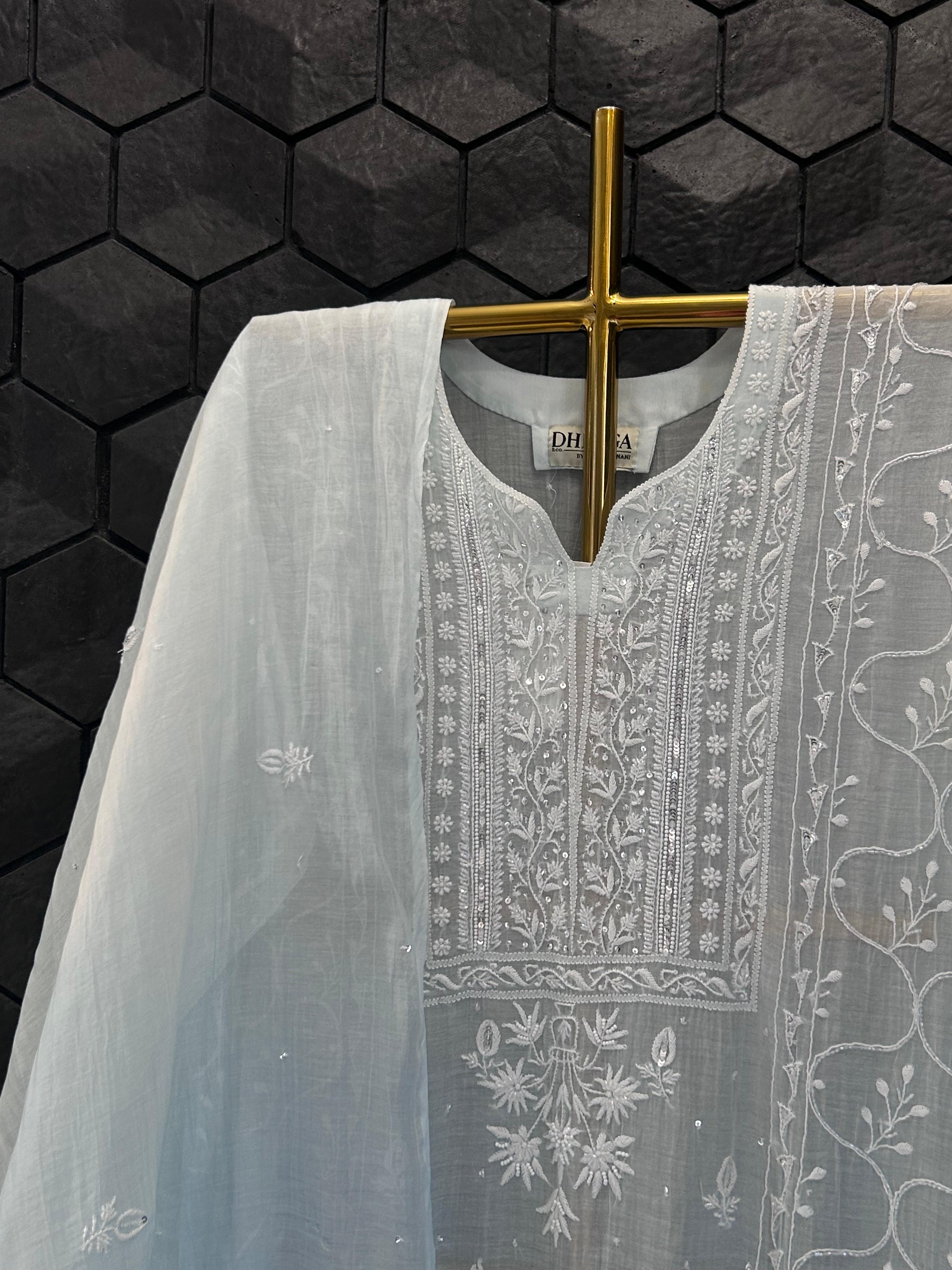 Sky Blue Mull Chanderi chikankari kurta set