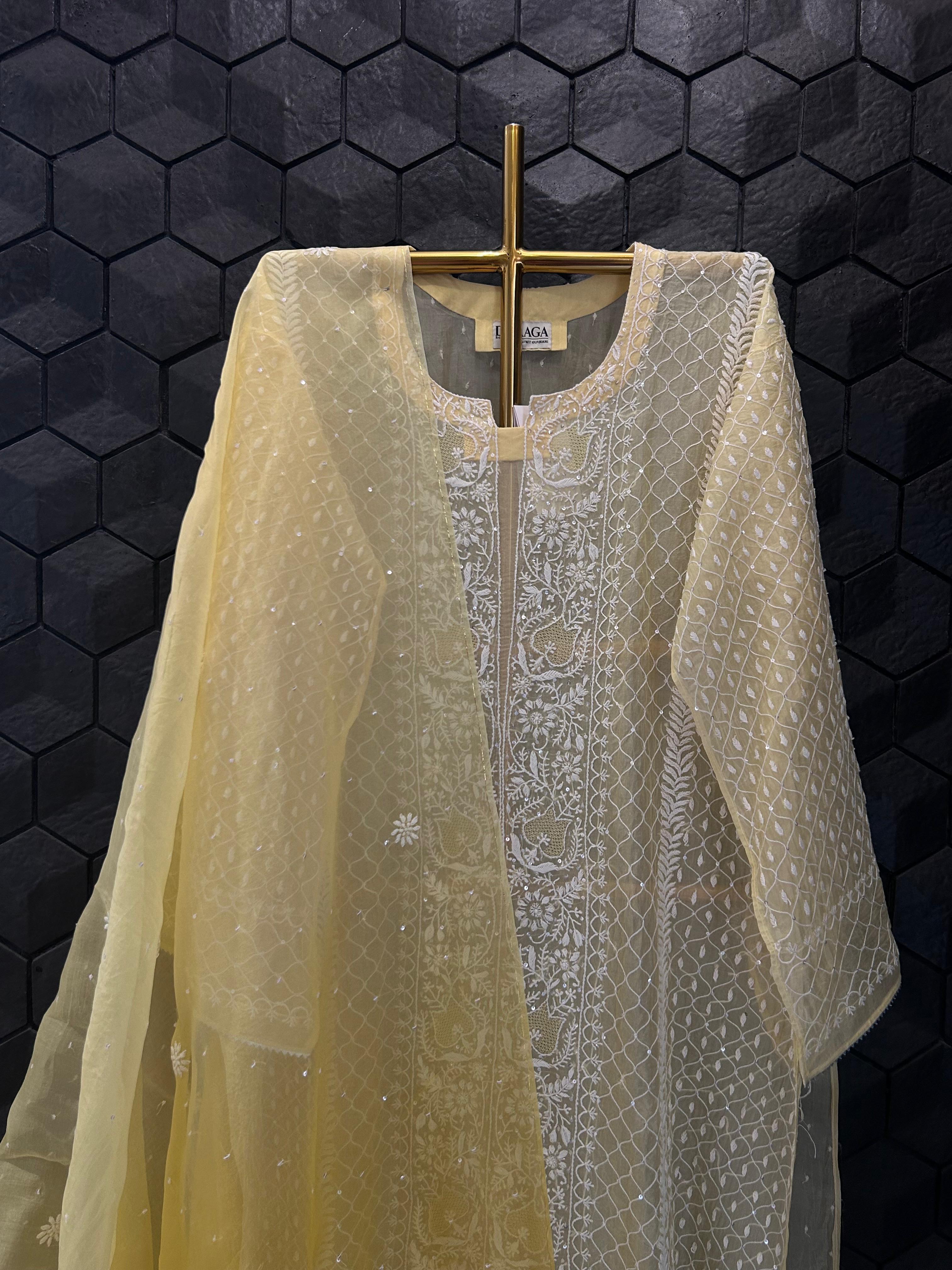 Yellow organza chikankari kurta set