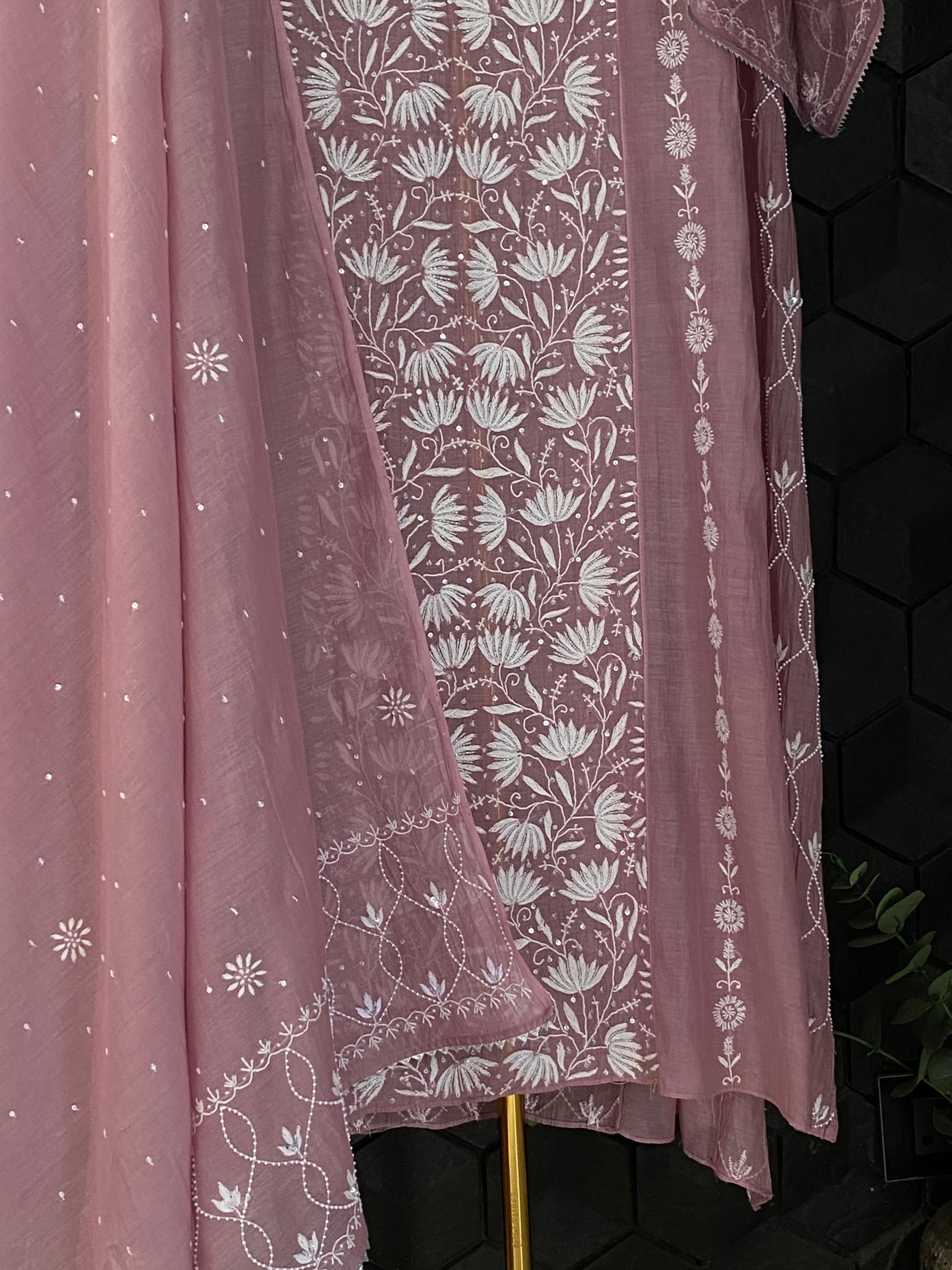 Onion Pink Mul Chanderi Chikankari kurta set