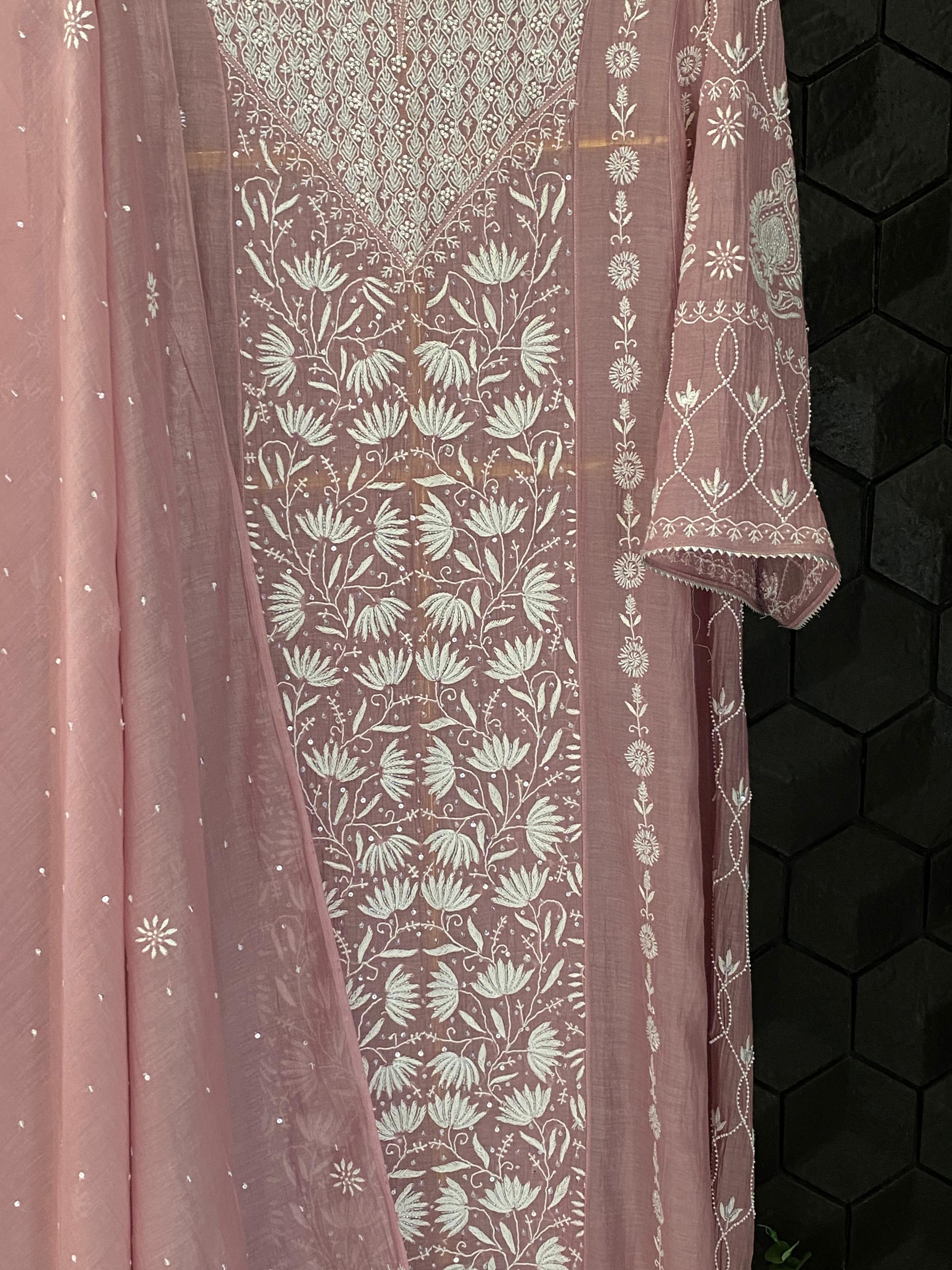 Onion Pink Mul Chanderi Chikankari kurta set