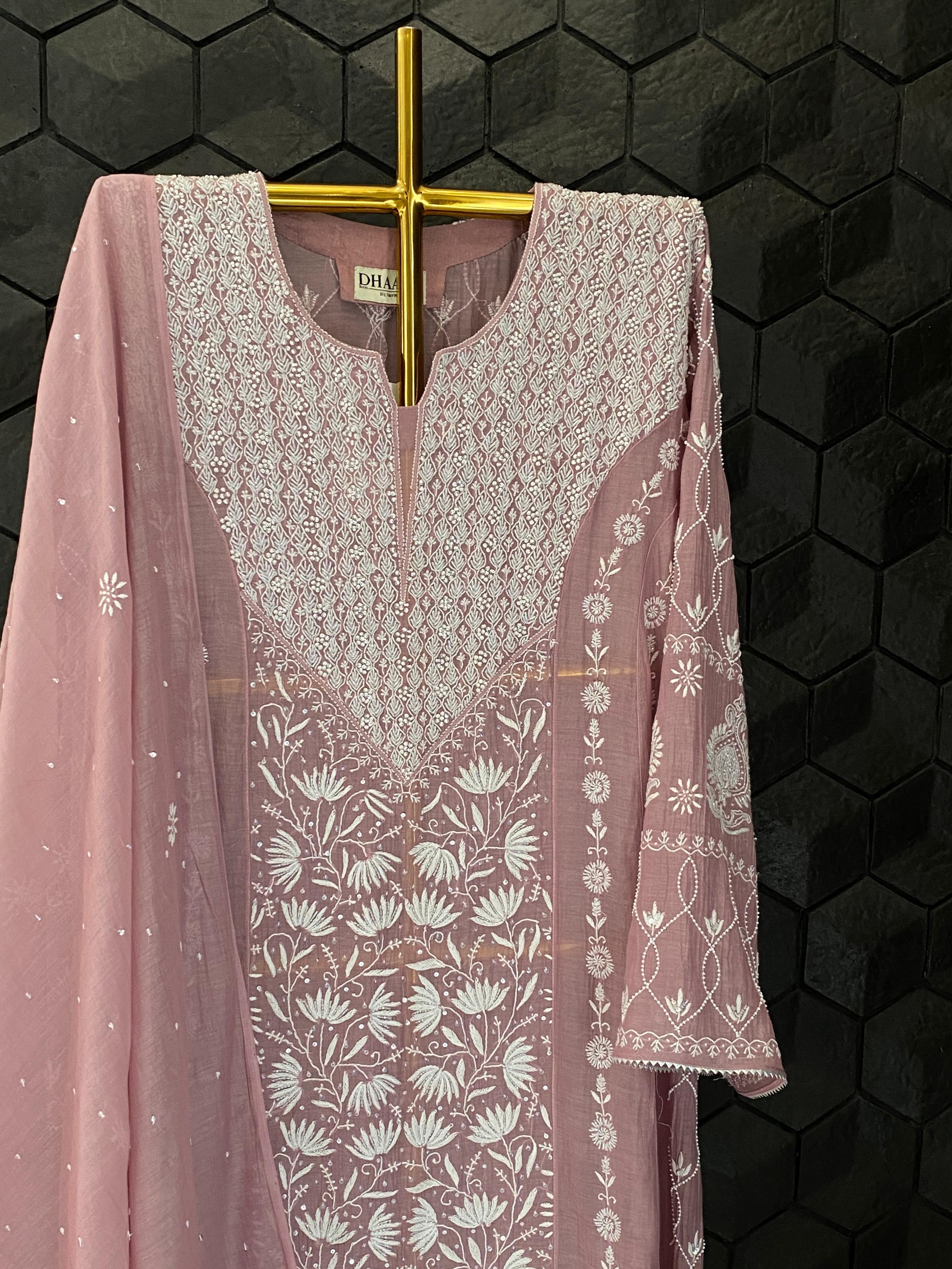Onion Pink Mul Chanderi Chikankari kurta set