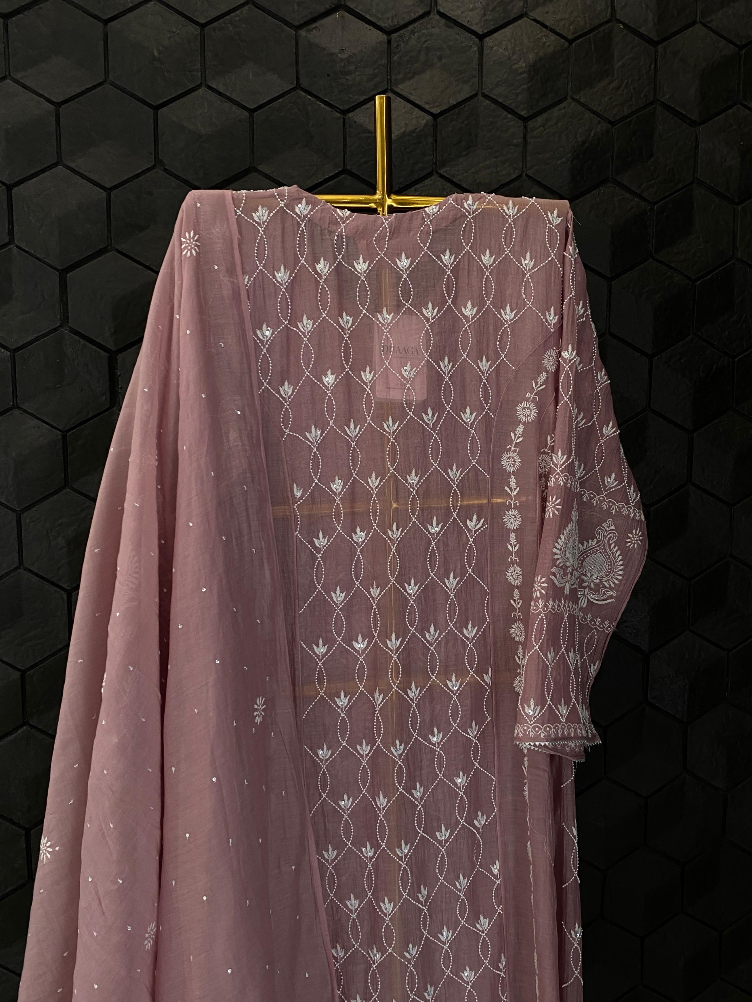 Onion Pink Mul Chanderi Chikankari kurta set