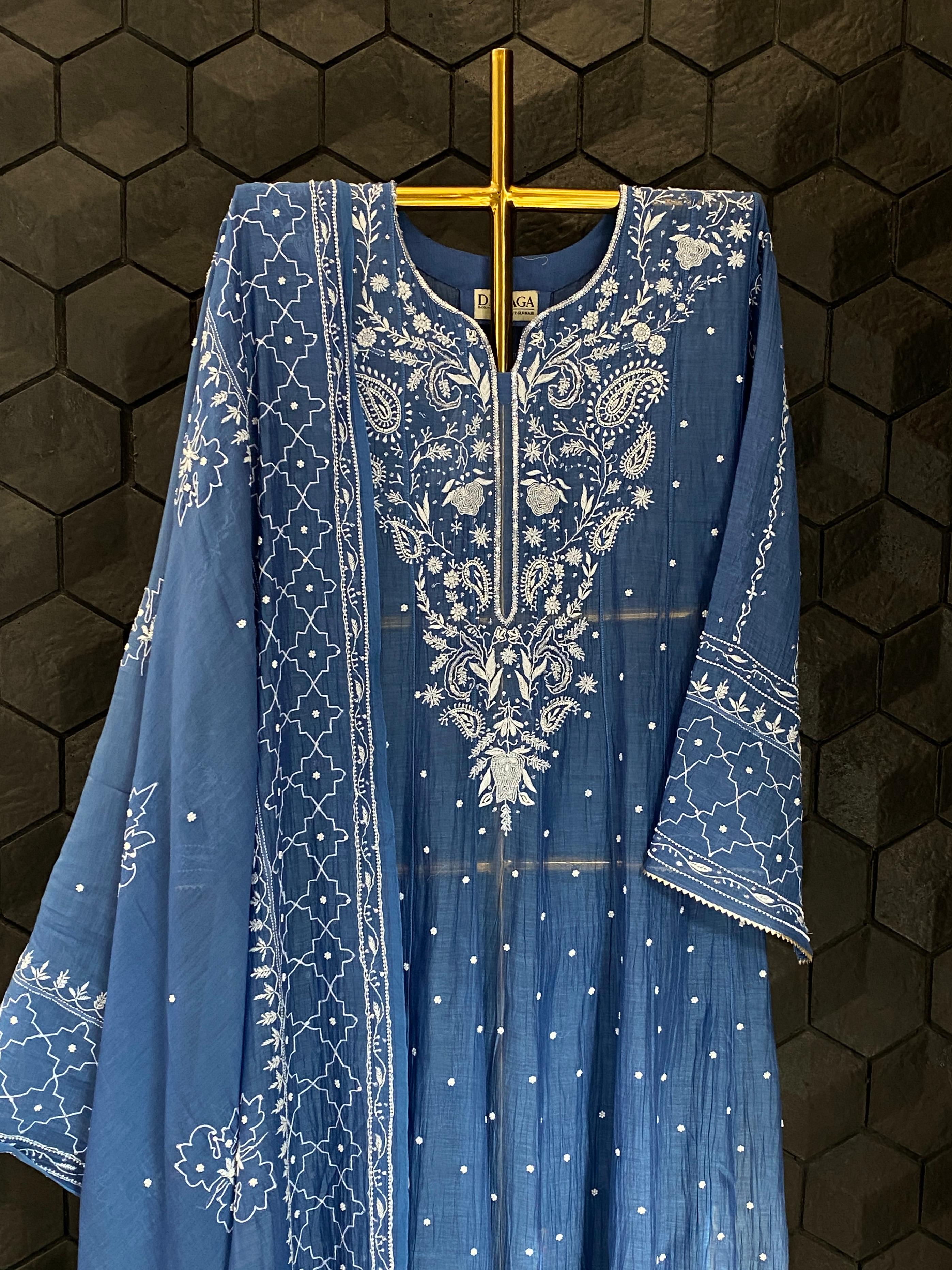 Cobalt blue mul chanderi chikankari anarkali set