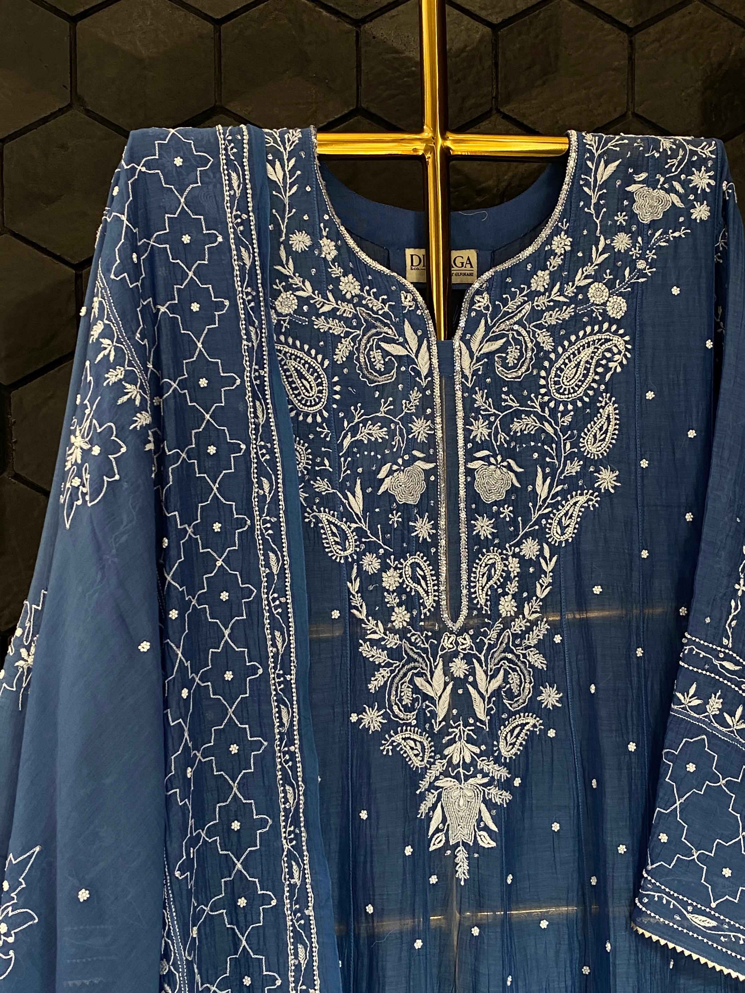Cobalt blue mul chanderi chikankari anarkali set