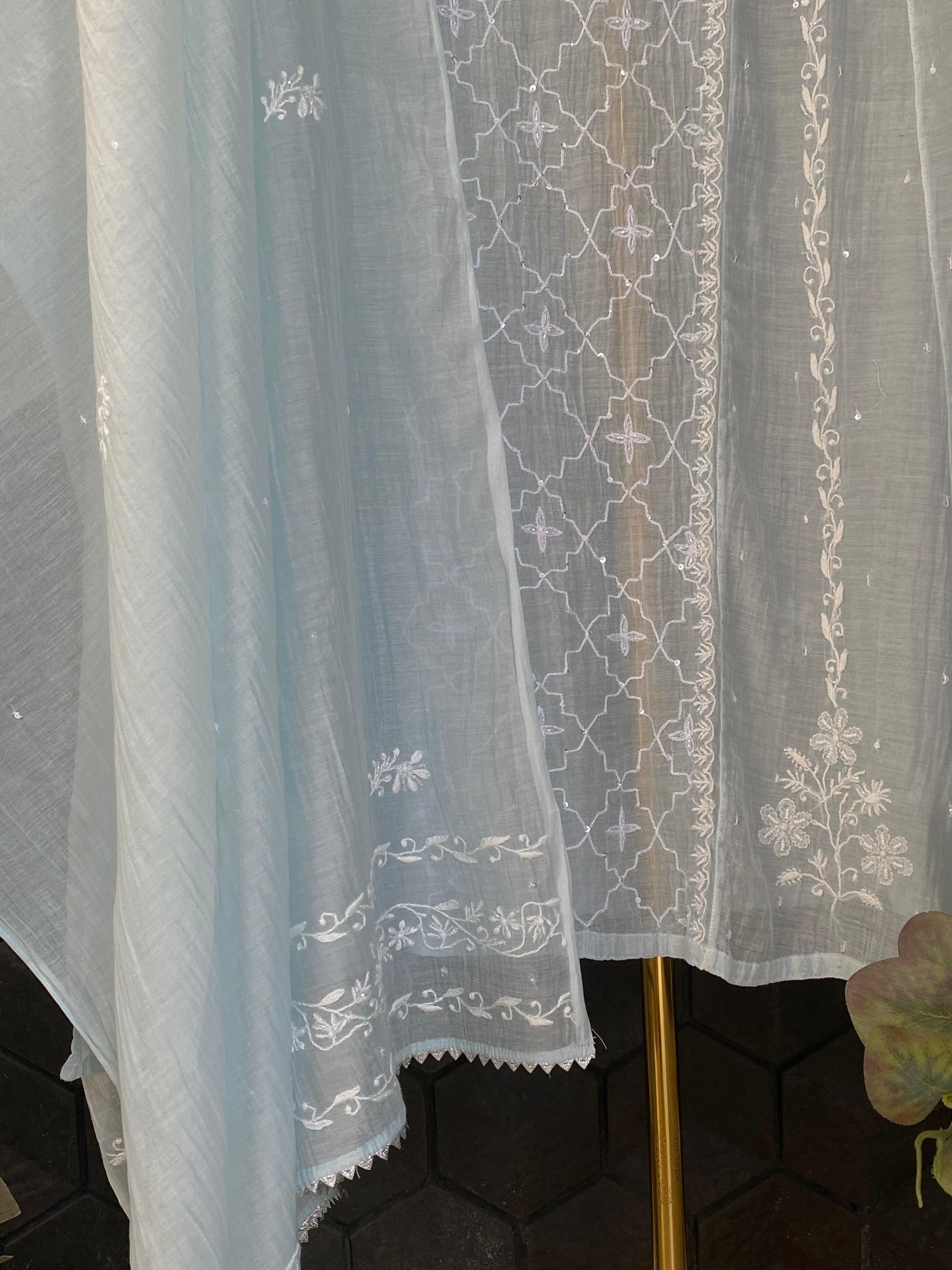 Sky blue mul chanderi chikankari anarkali set
