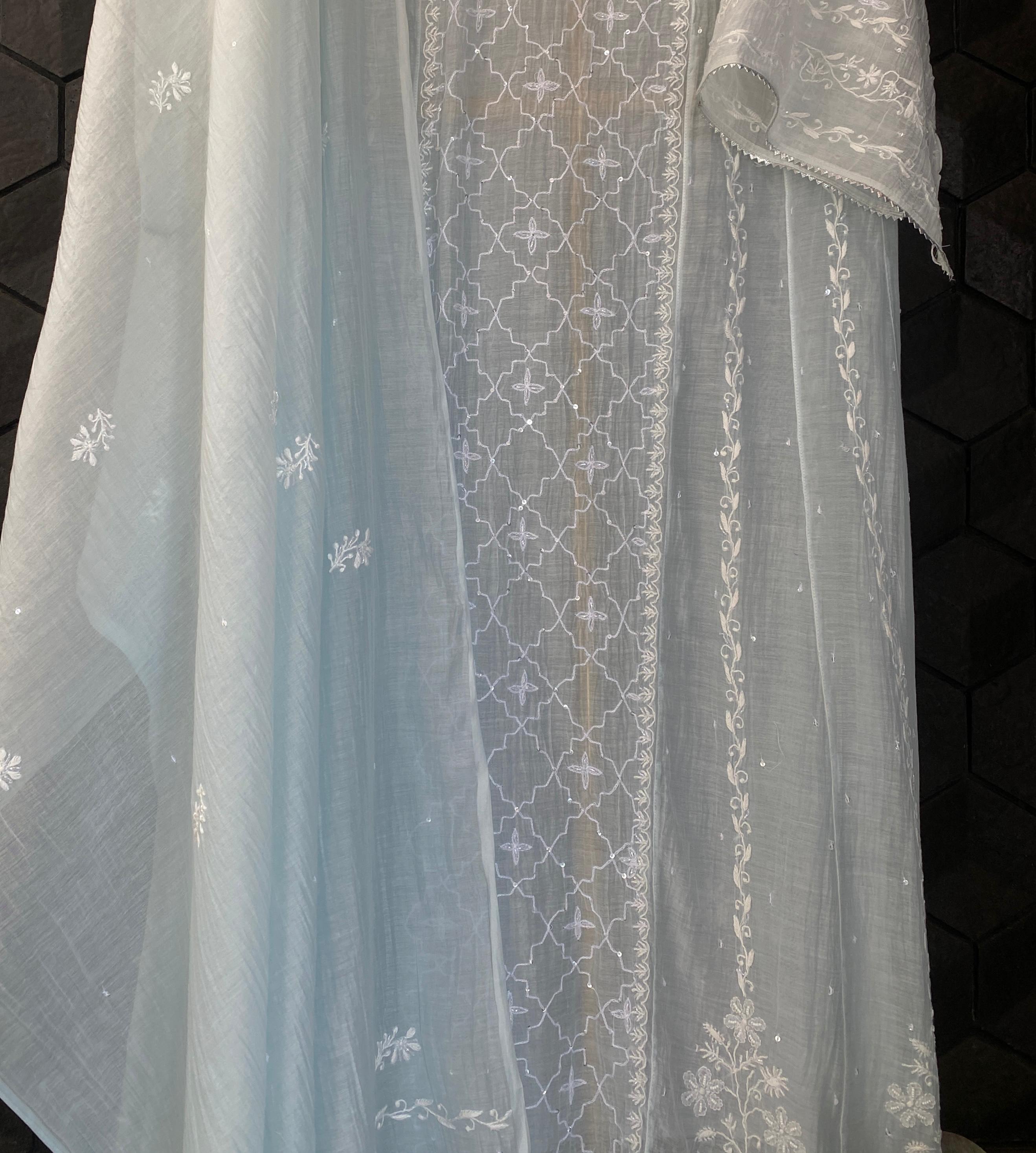 Sky blue mul chanderi chikankari anarkali set