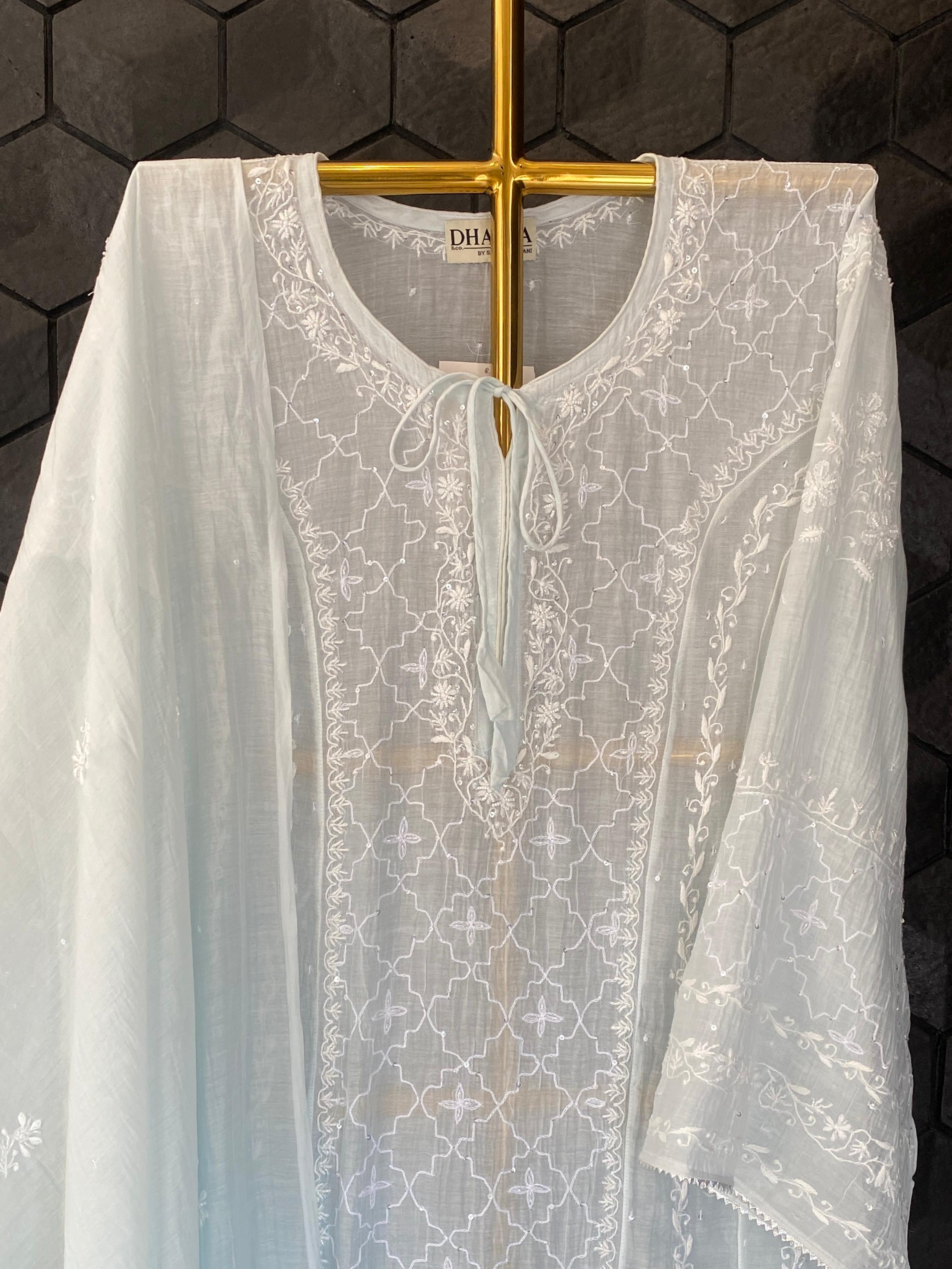 Sky blue mul chanderi chikankari anarkali set