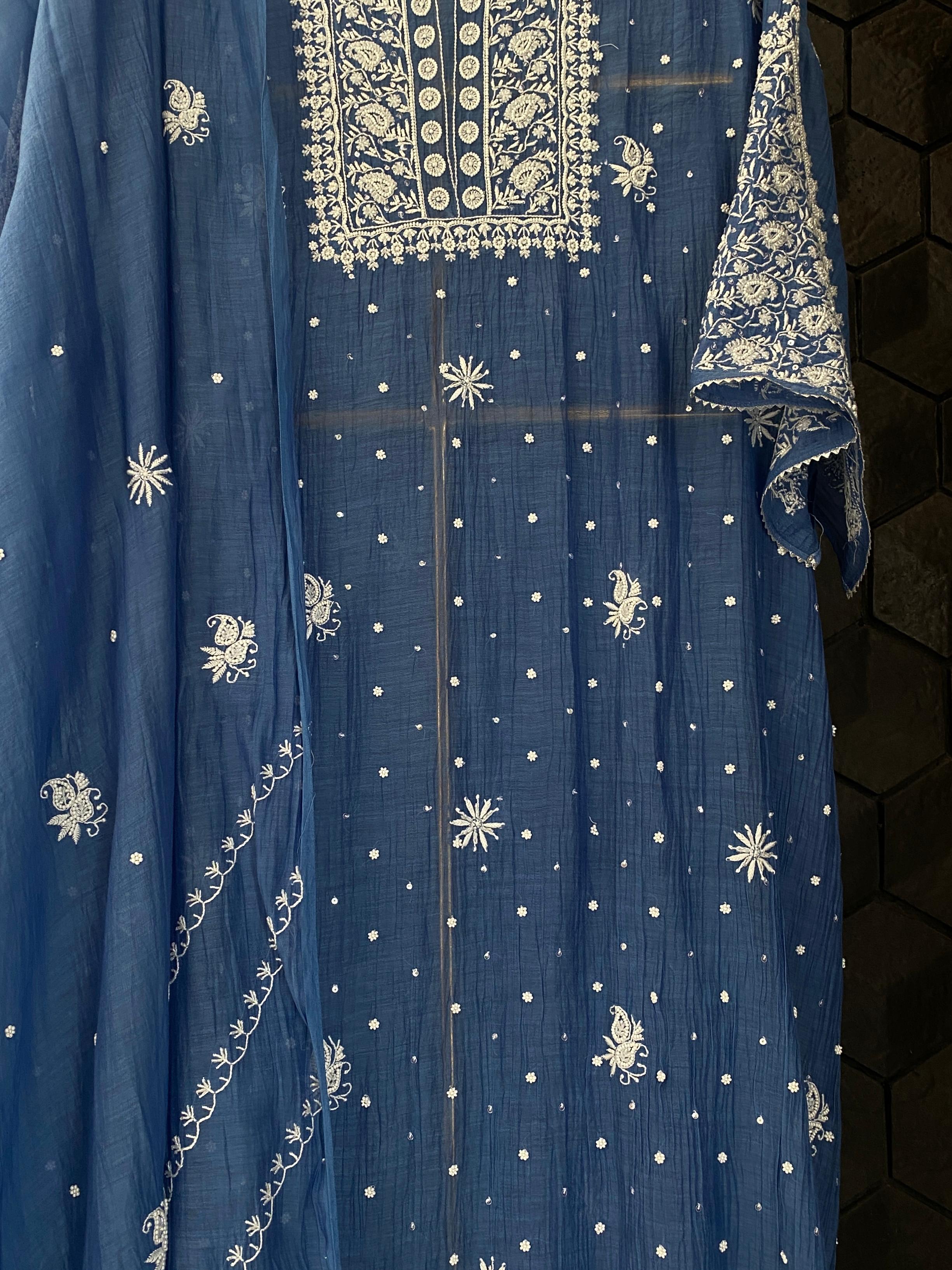 Cobalt Blue mul chanderi chikankari kurta set