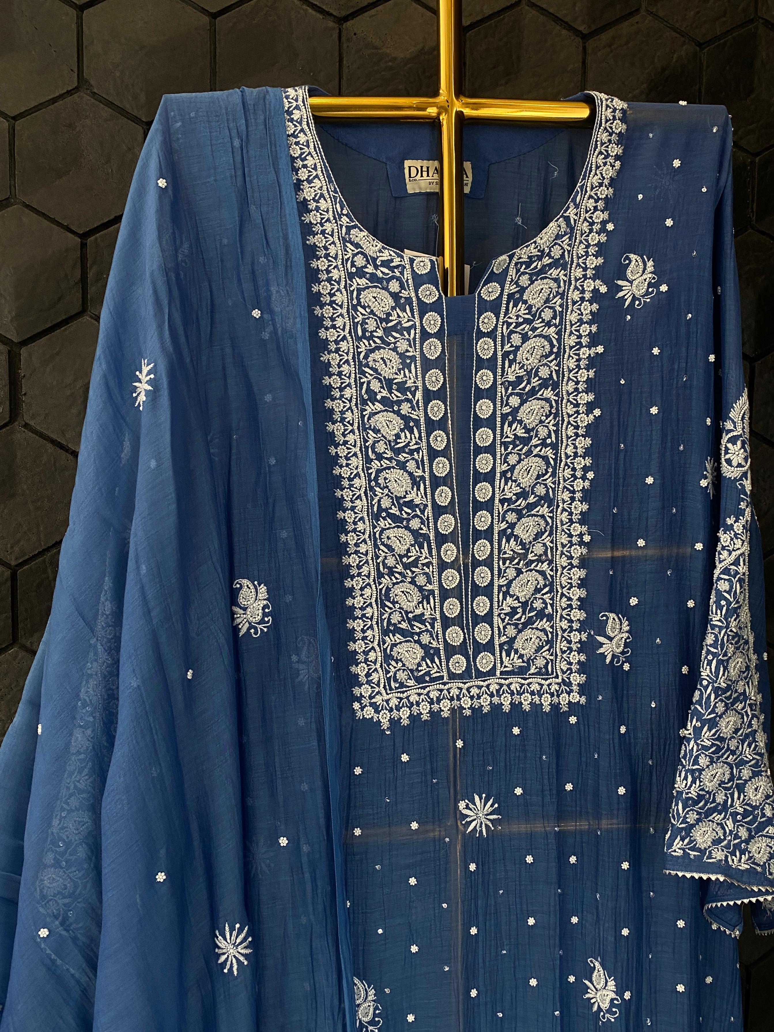 Cobalt Blue mul chanderi chikankari kurta set