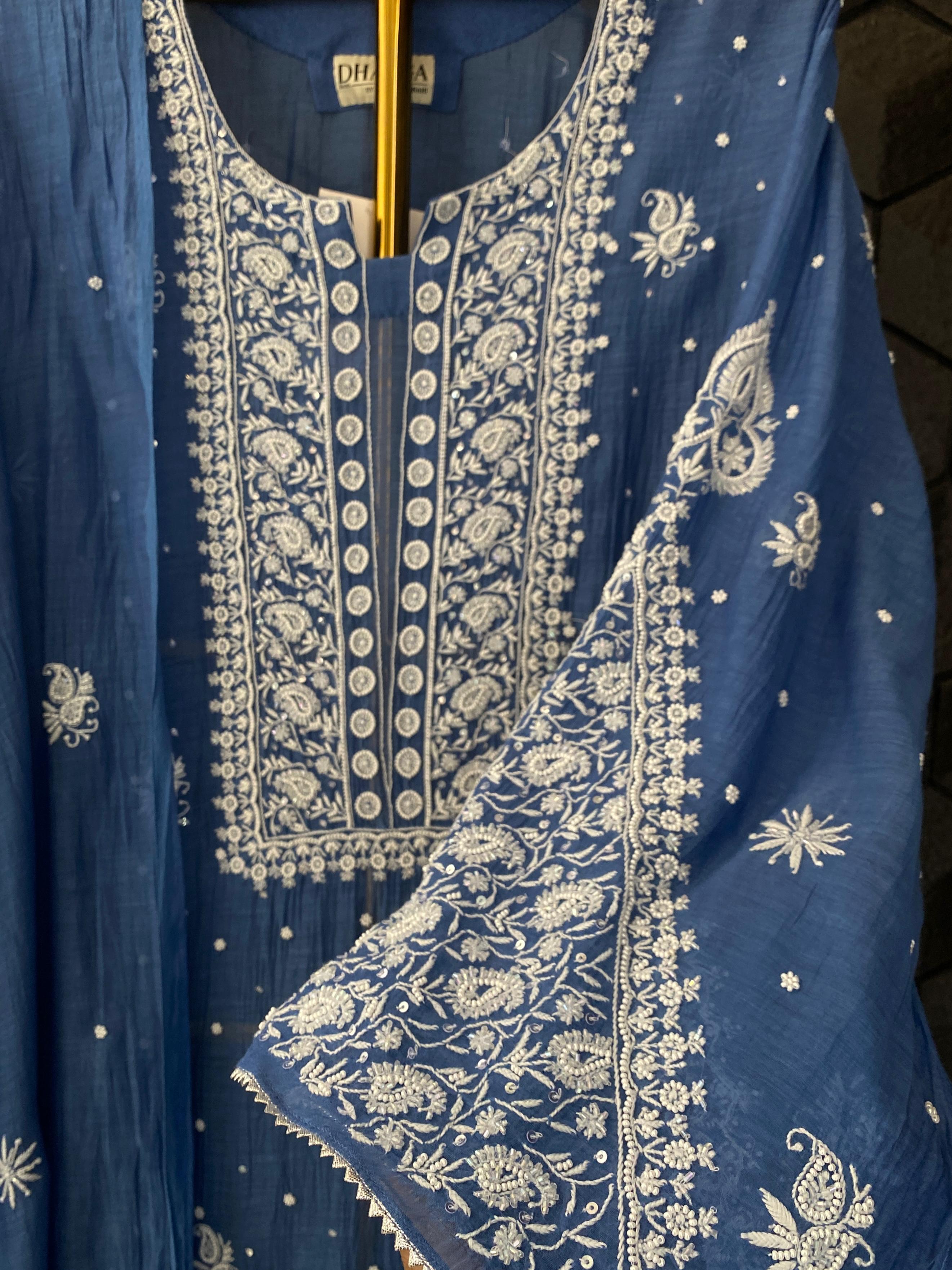 Cobalt Blue mul chanderi chikankari kurta set