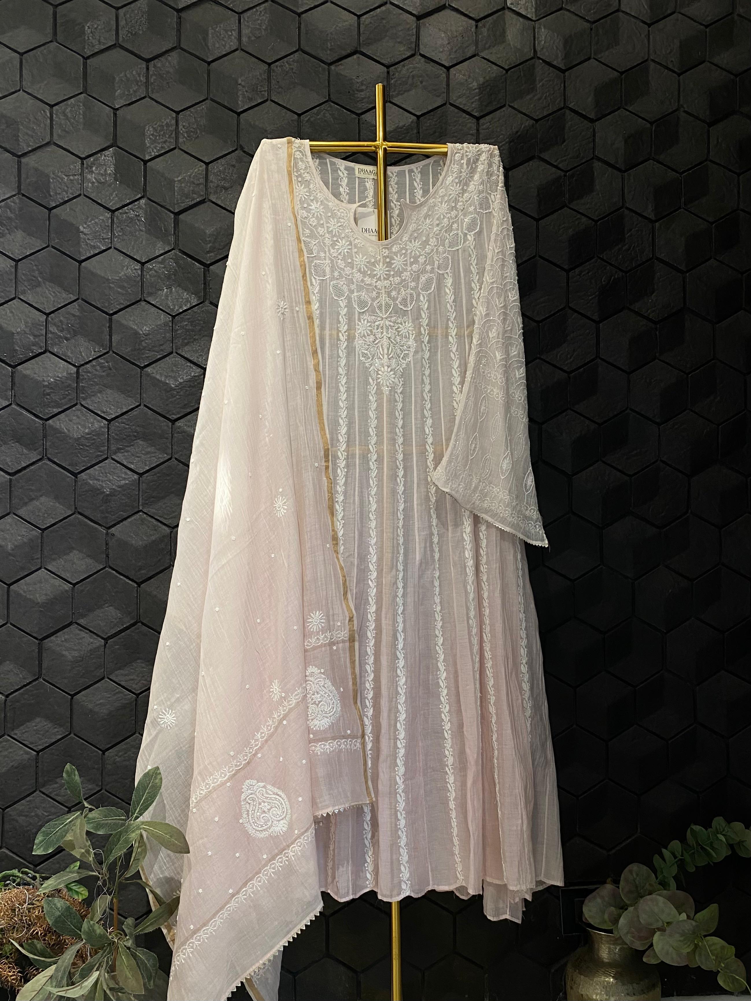 Pink Mul Chanderi chikankari anarkali set