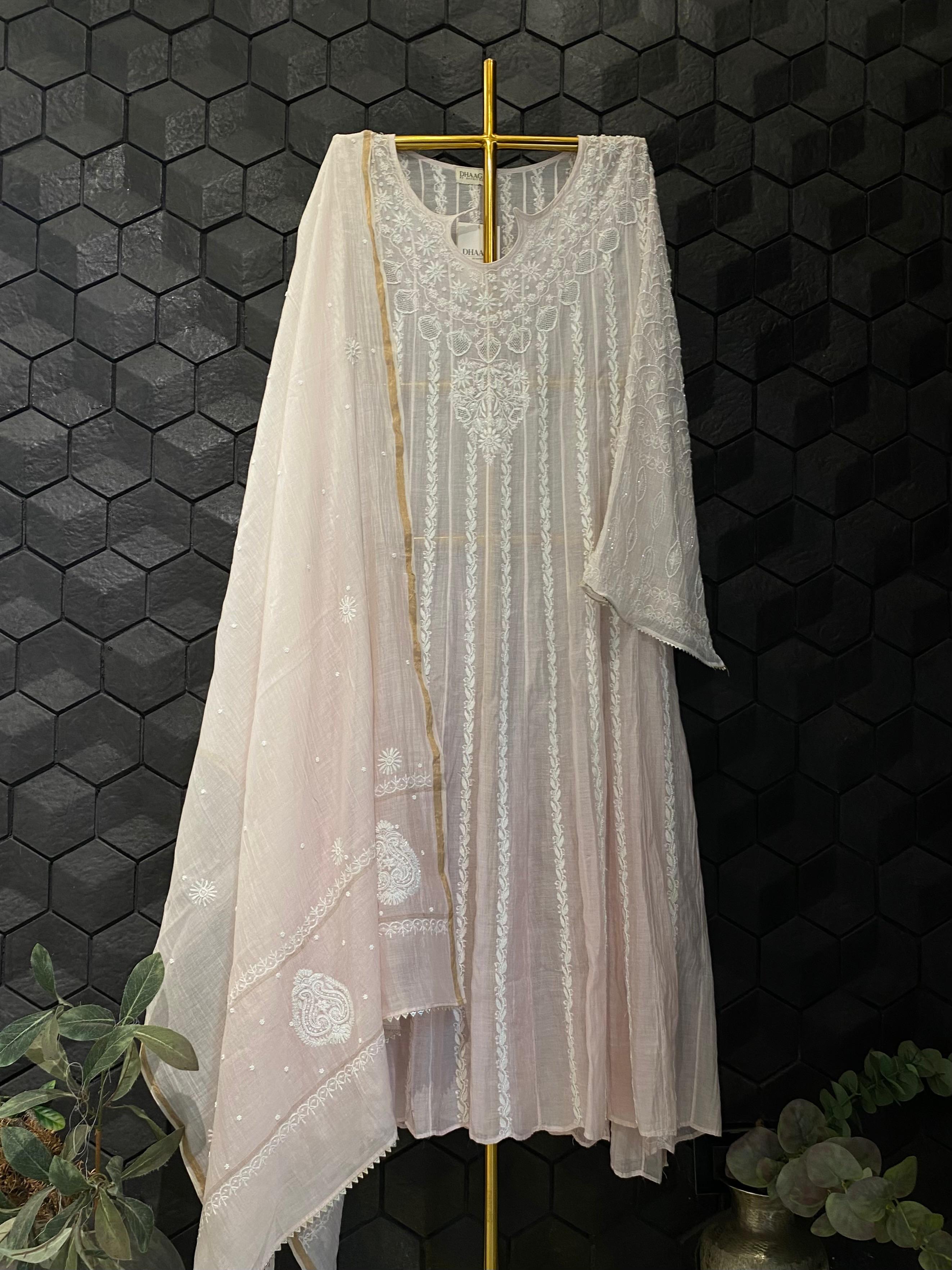 Pink Mul Chanderi chikankari anarkali set