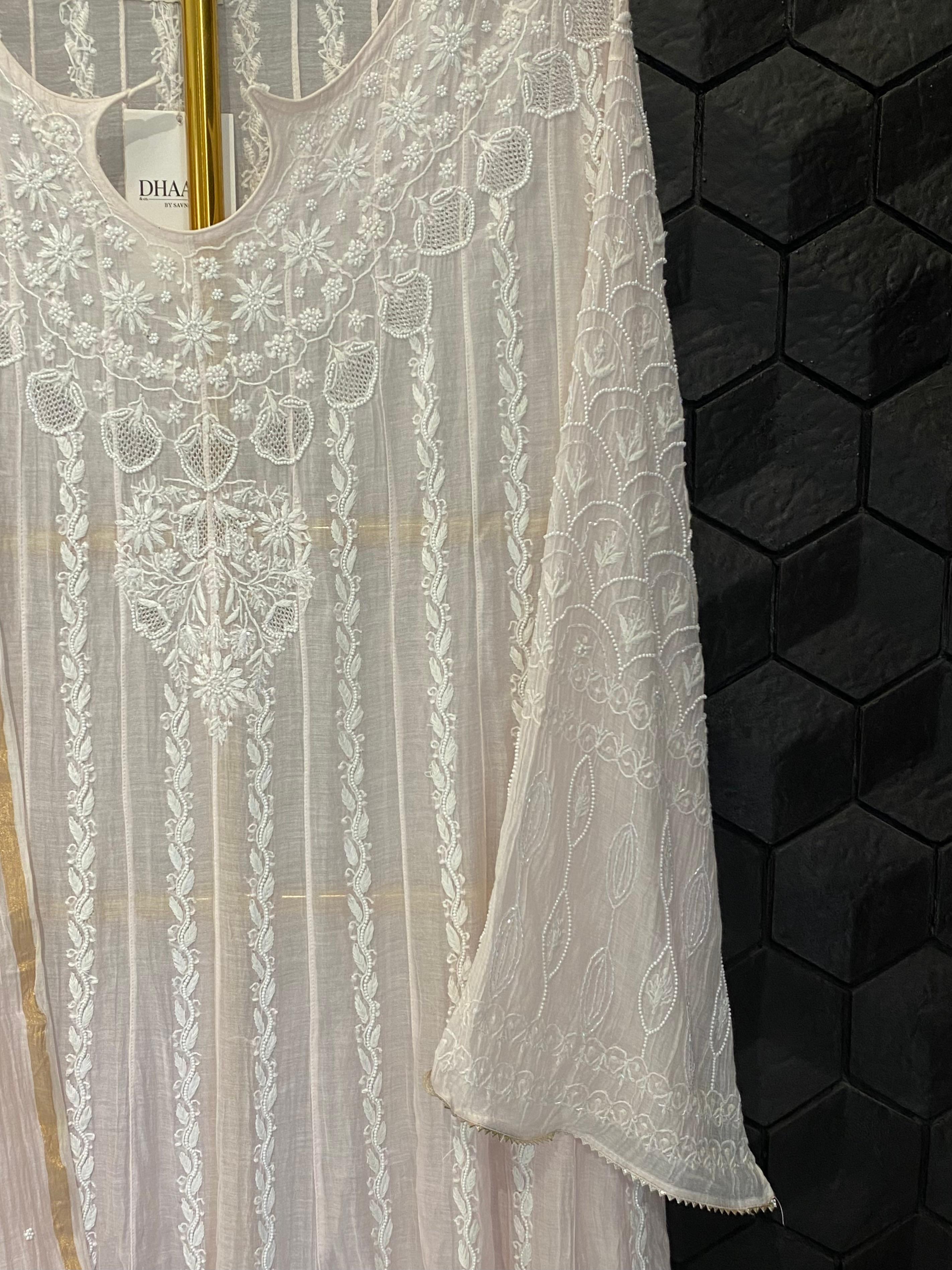 Pink Mul Chanderi chikankari anarkali set