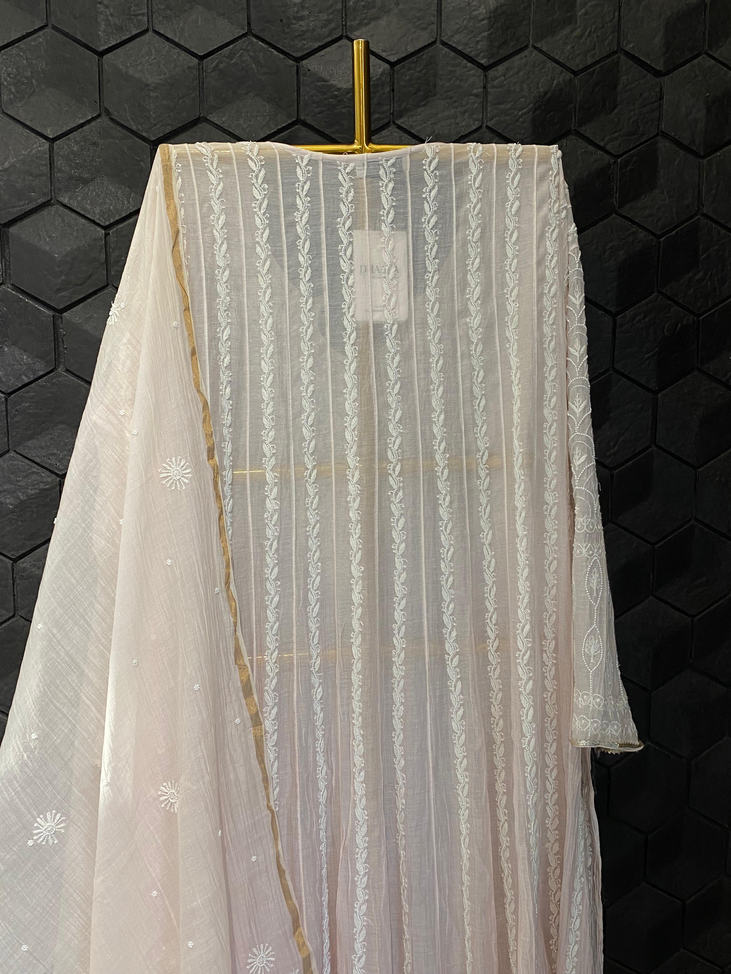 Pink Mul Chanderi chikankari anarkali set