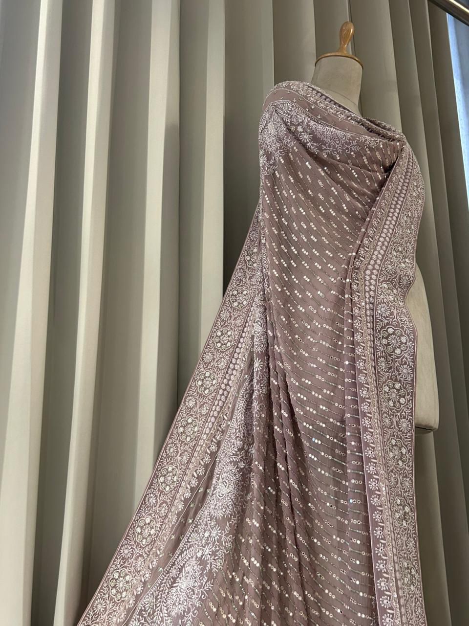 Brown Chiffon Chikankari dupatta with statement peacock design
