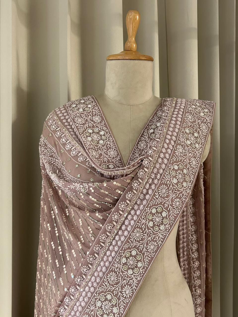 Brown Chiffon Chikankari dupatta with statement peacock design