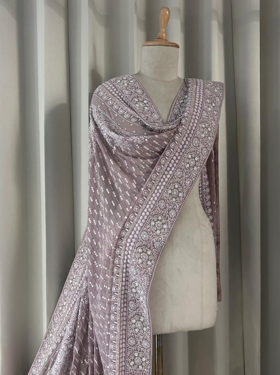 Brown Chiffon Chikankari dupatta with statement peacock design