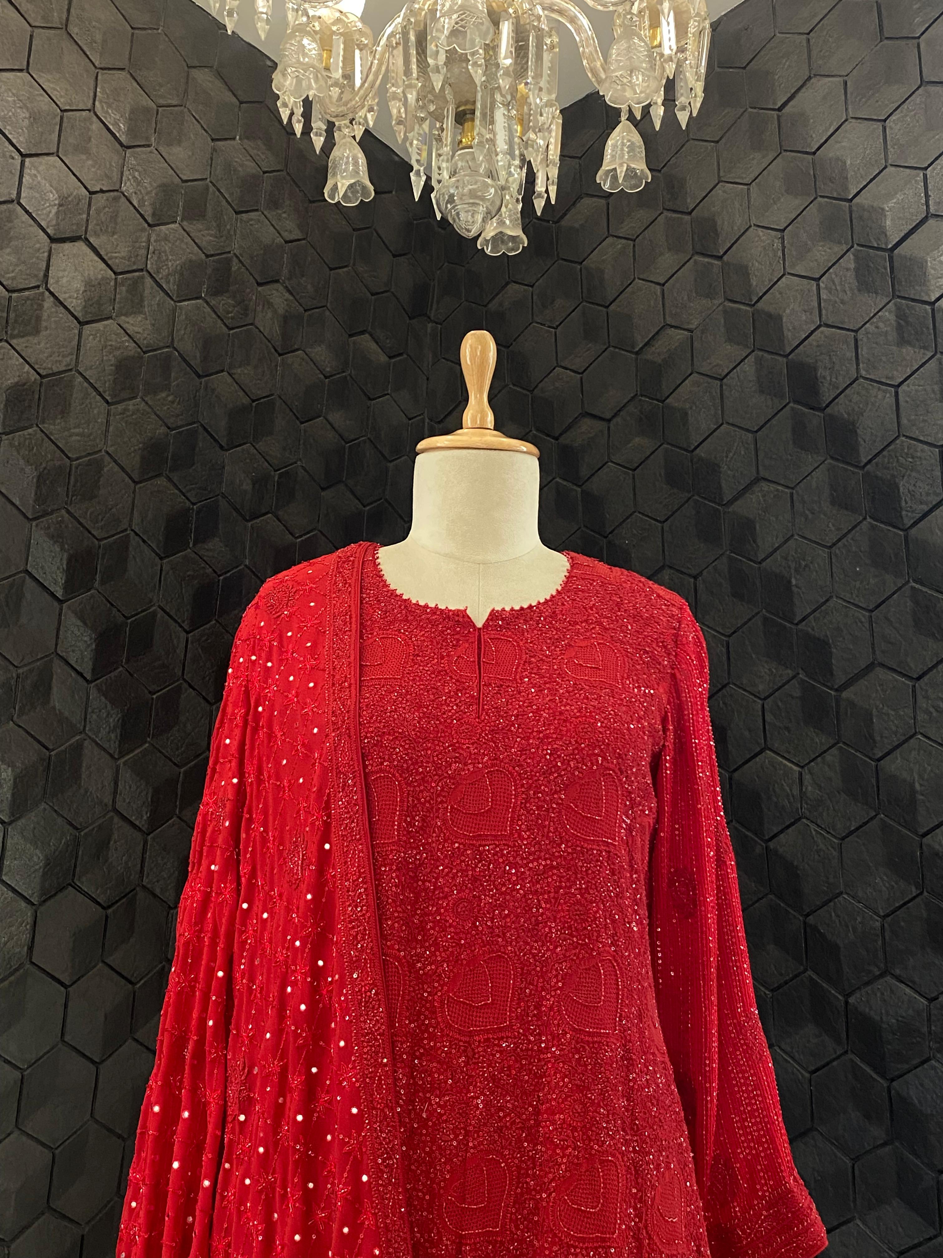 Red Georgette Ek -Taar Chikankari Kurta Set with statement heavy dupatta