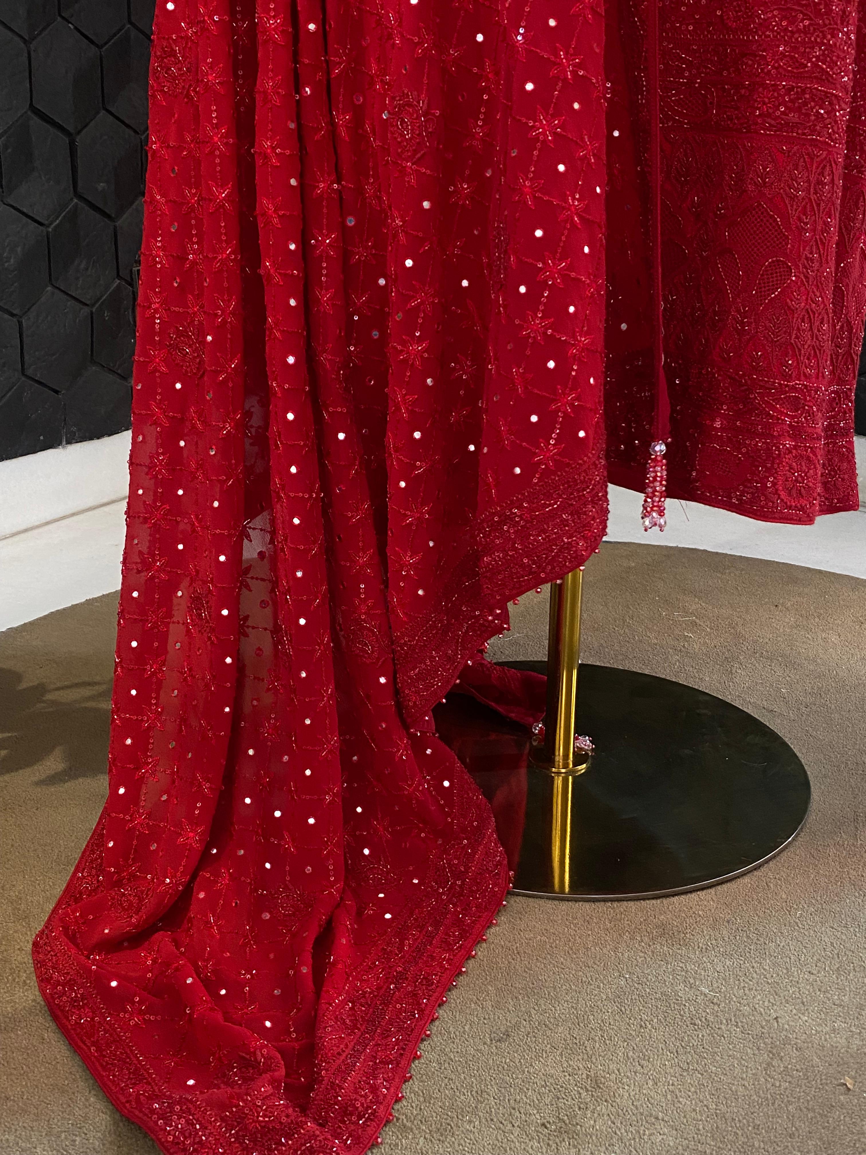 Red Georgette Ek -Taar Chikankari Kurta Set with statement heavy dupatta