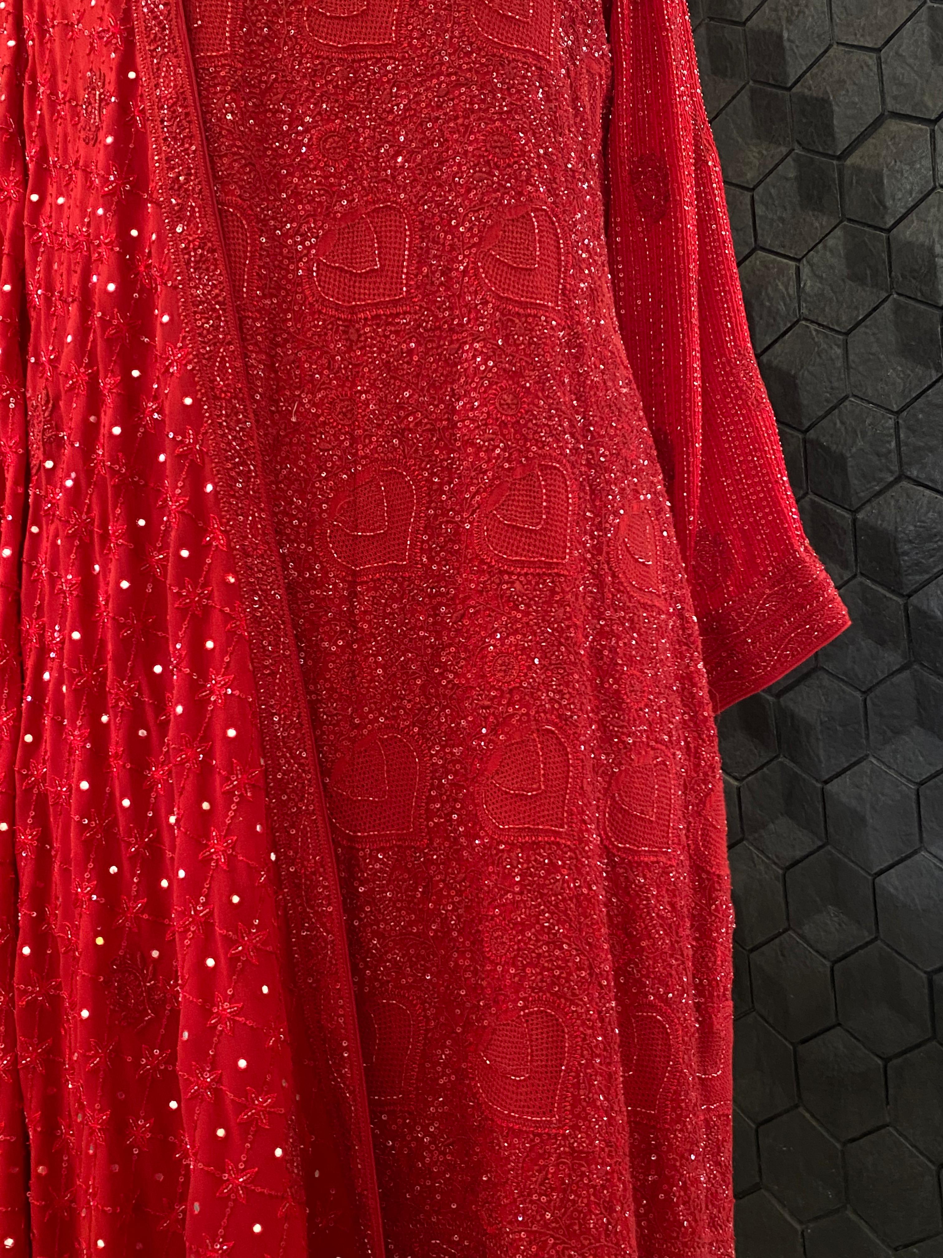 Red Georgette Ek -Taar Chikankari Kurta Set with statement heavy dupatta