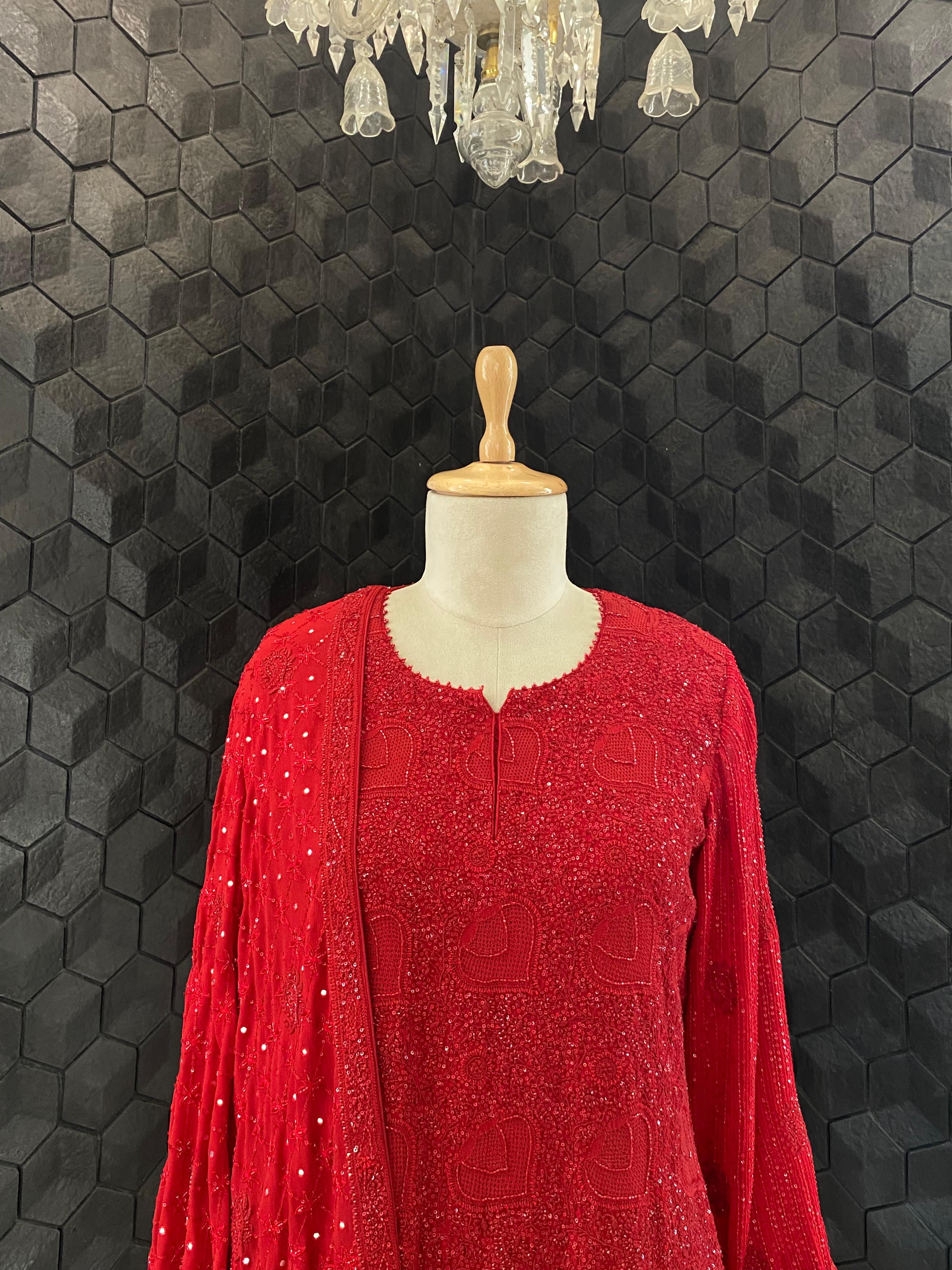 Red Georgette Ek -Taar Chikankari Kurta Set with statement heavy dupatta