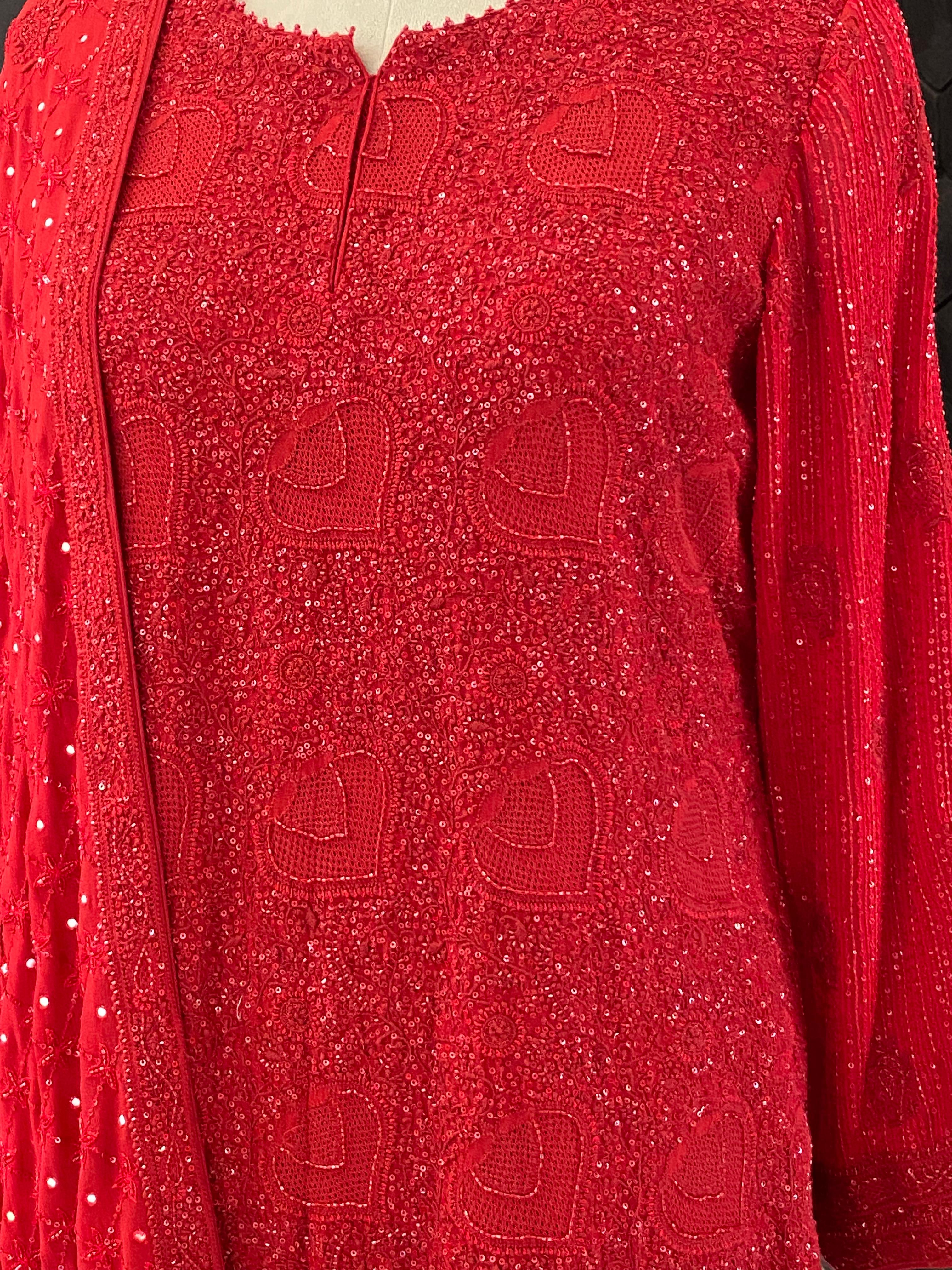 Red Georgette Ek -Taar Chikankari Kurta Set with statement heavy dupatta