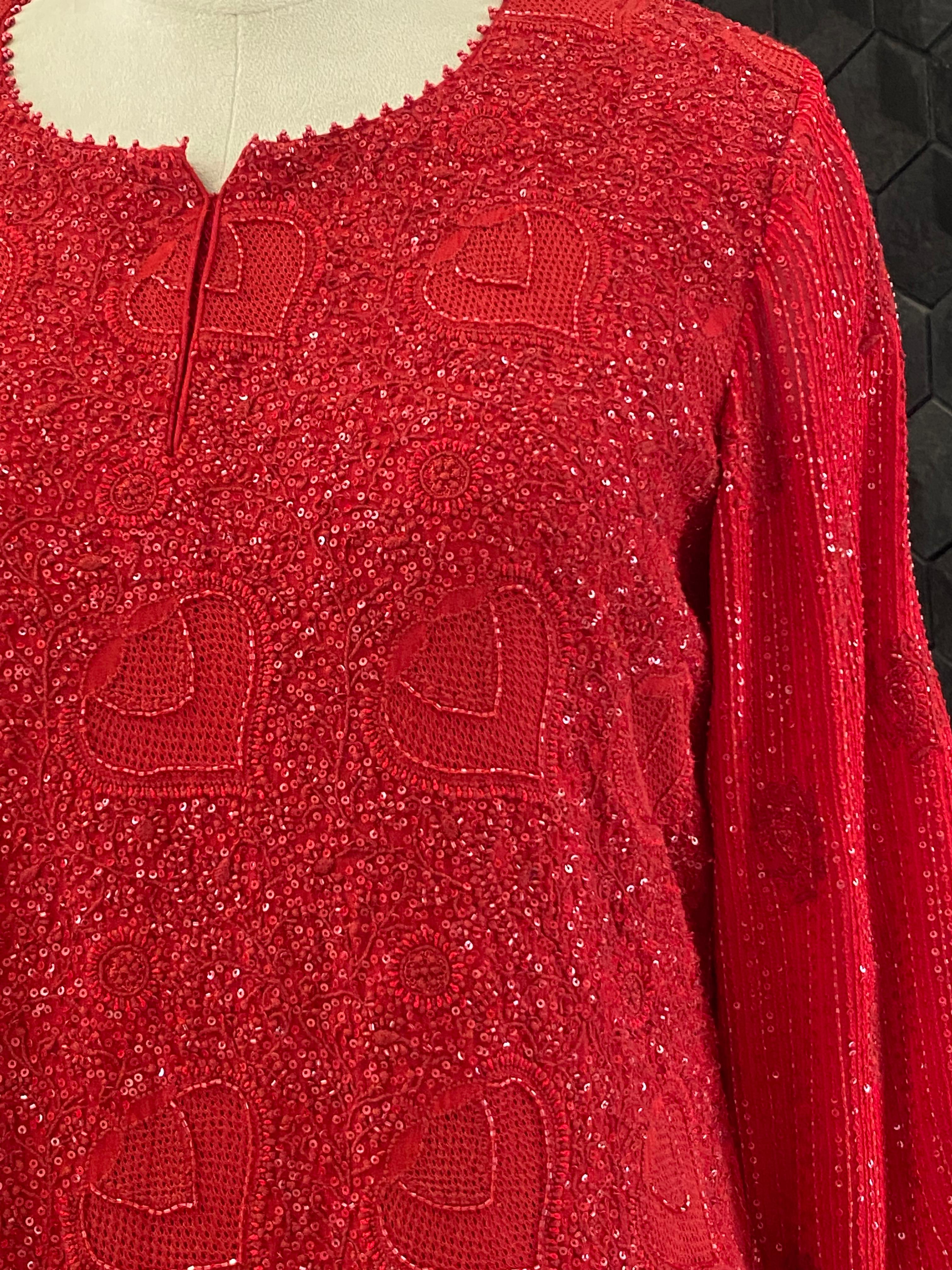 Red Georgette Ek -Taar Chikankari Kurta Set with statement heavy dupatta