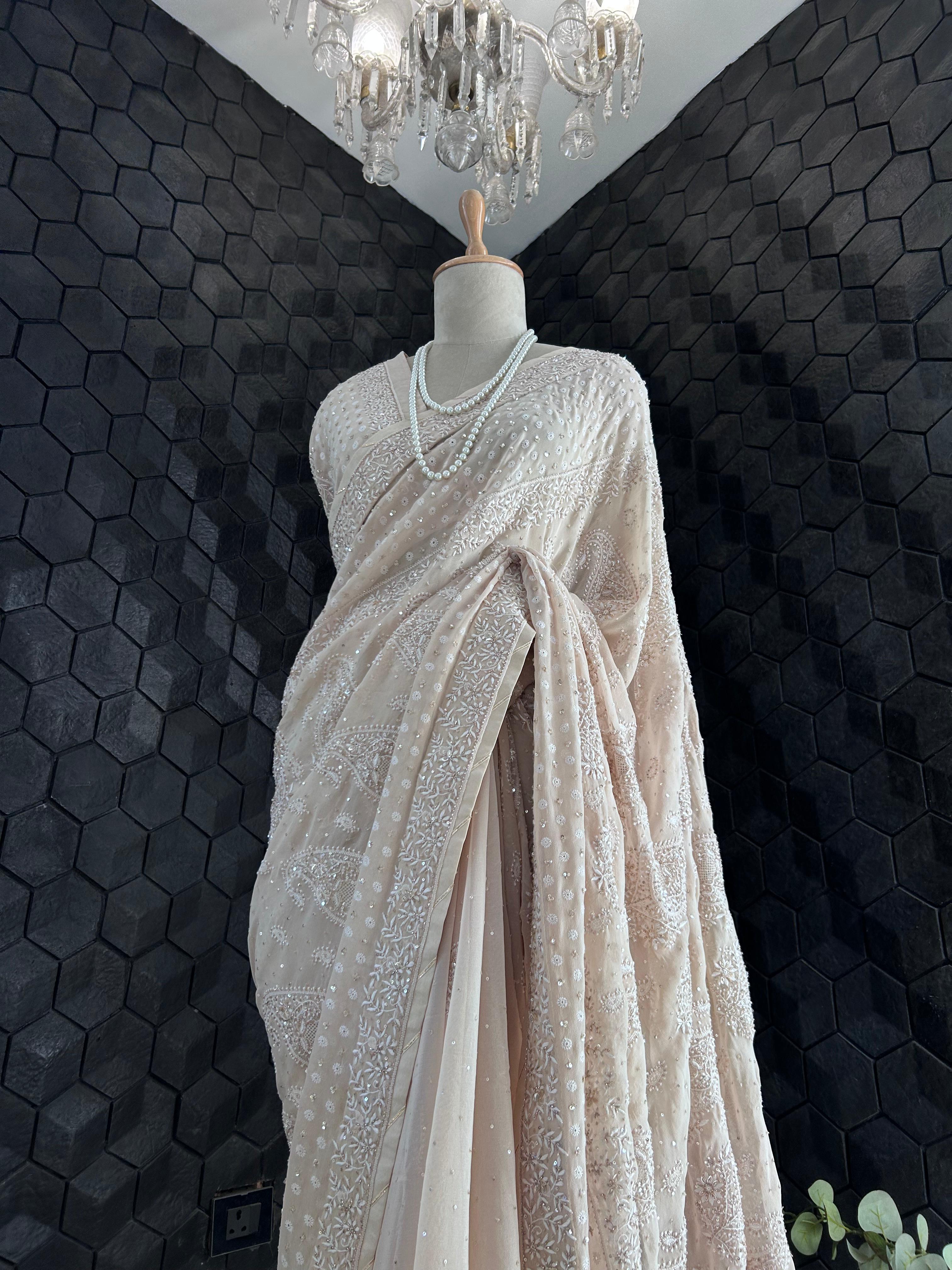 Beige Ek-Taar Georgette Chikankari Saree